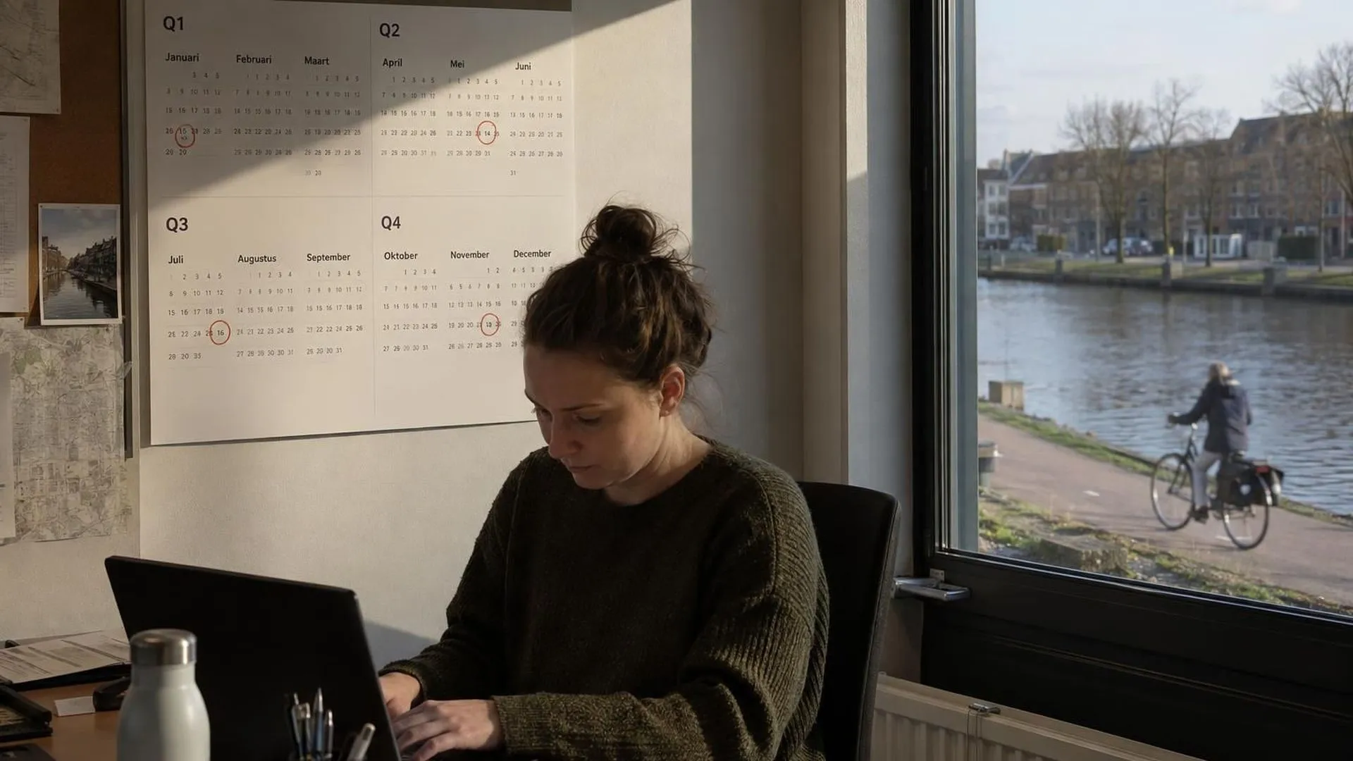 Een wandkalender op kantoor met per kwartaal ingeplande check-ins, half in de schaduw.