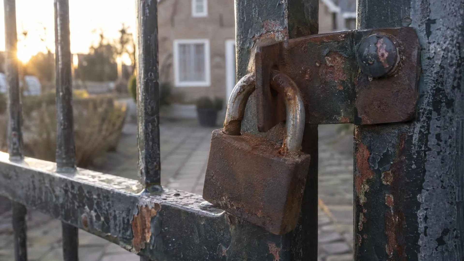 Close-up van een verroest hangslot op een verweerd tuinhek.
