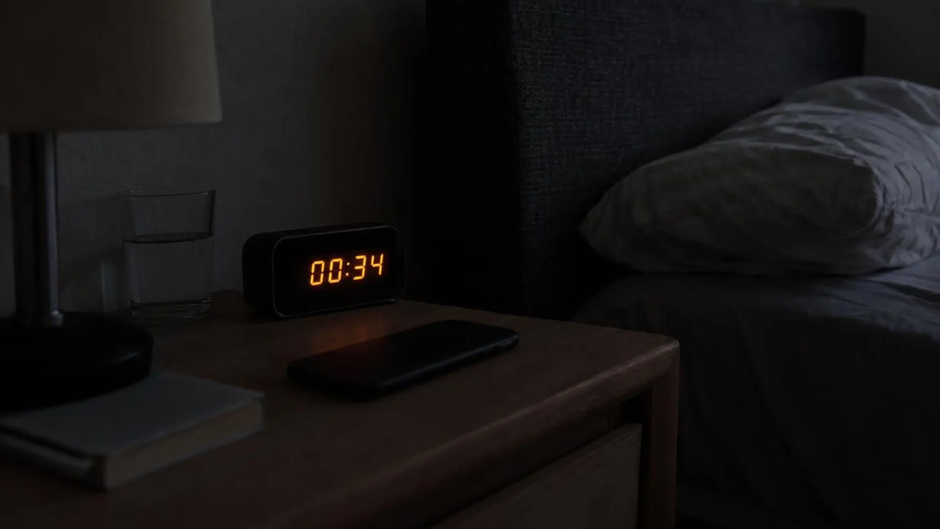 Een wekker die 00:34 aangeeft naast een omgekeerde telefoon, in een donkere slaapkamer.