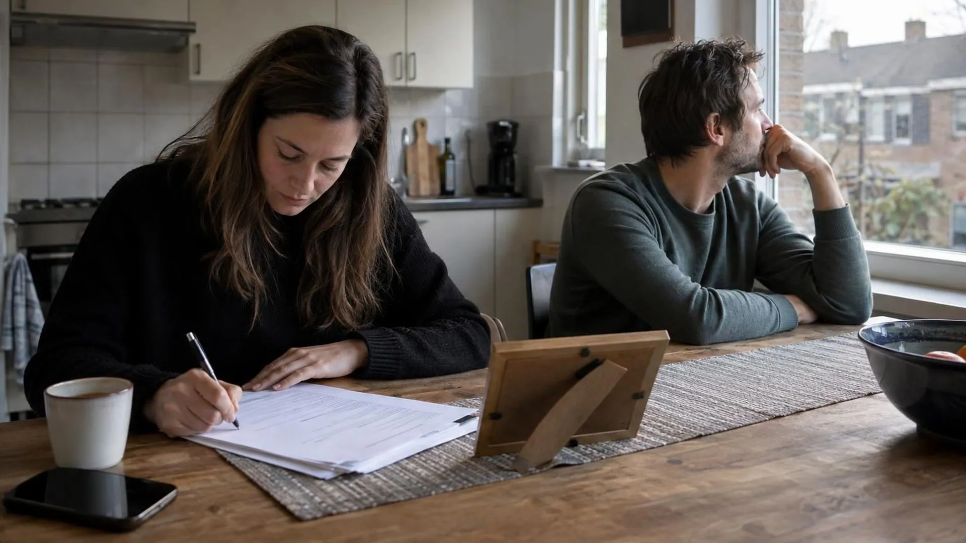 Twee mensen aan de keukentafel, de een ondertekent papieren, de ander kijkt naar buiten, een omgekeerde fotolijst ligt ertussen