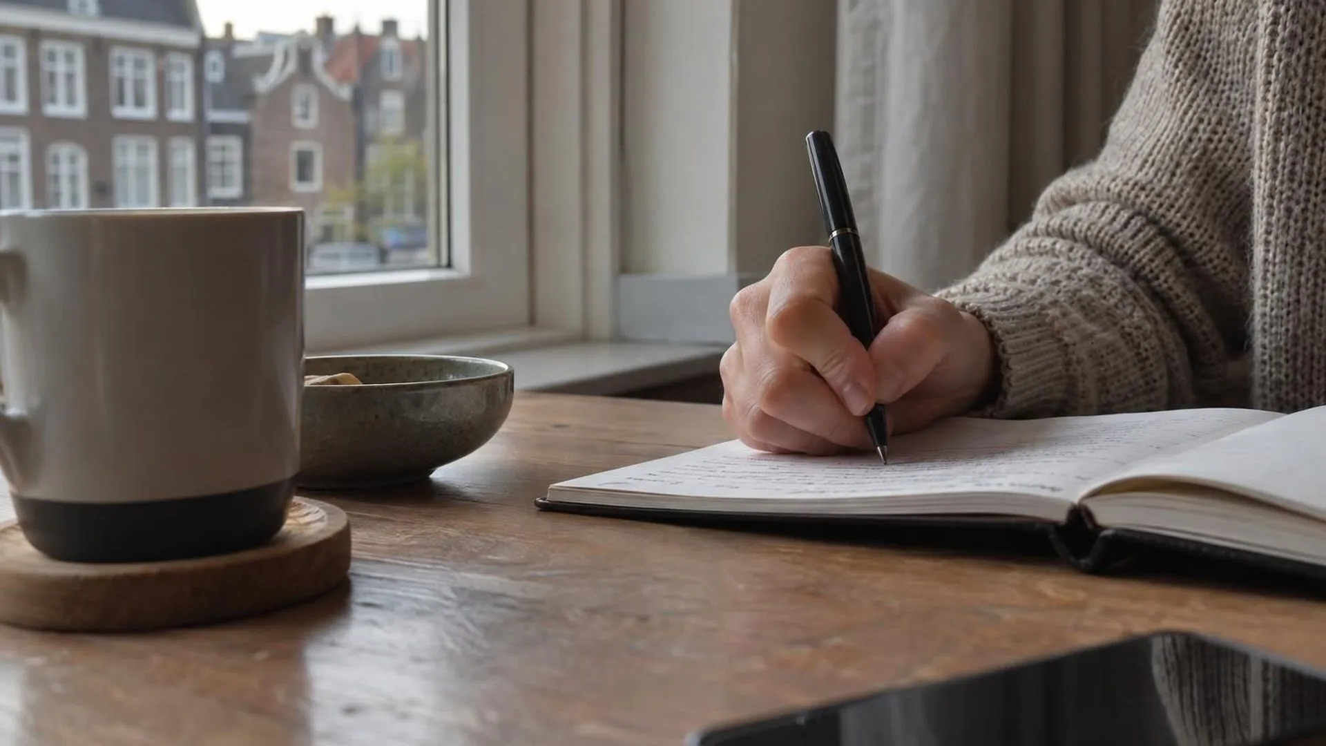 Close-up van een hand die met een pen in een notitieboek schrijft bij het raam