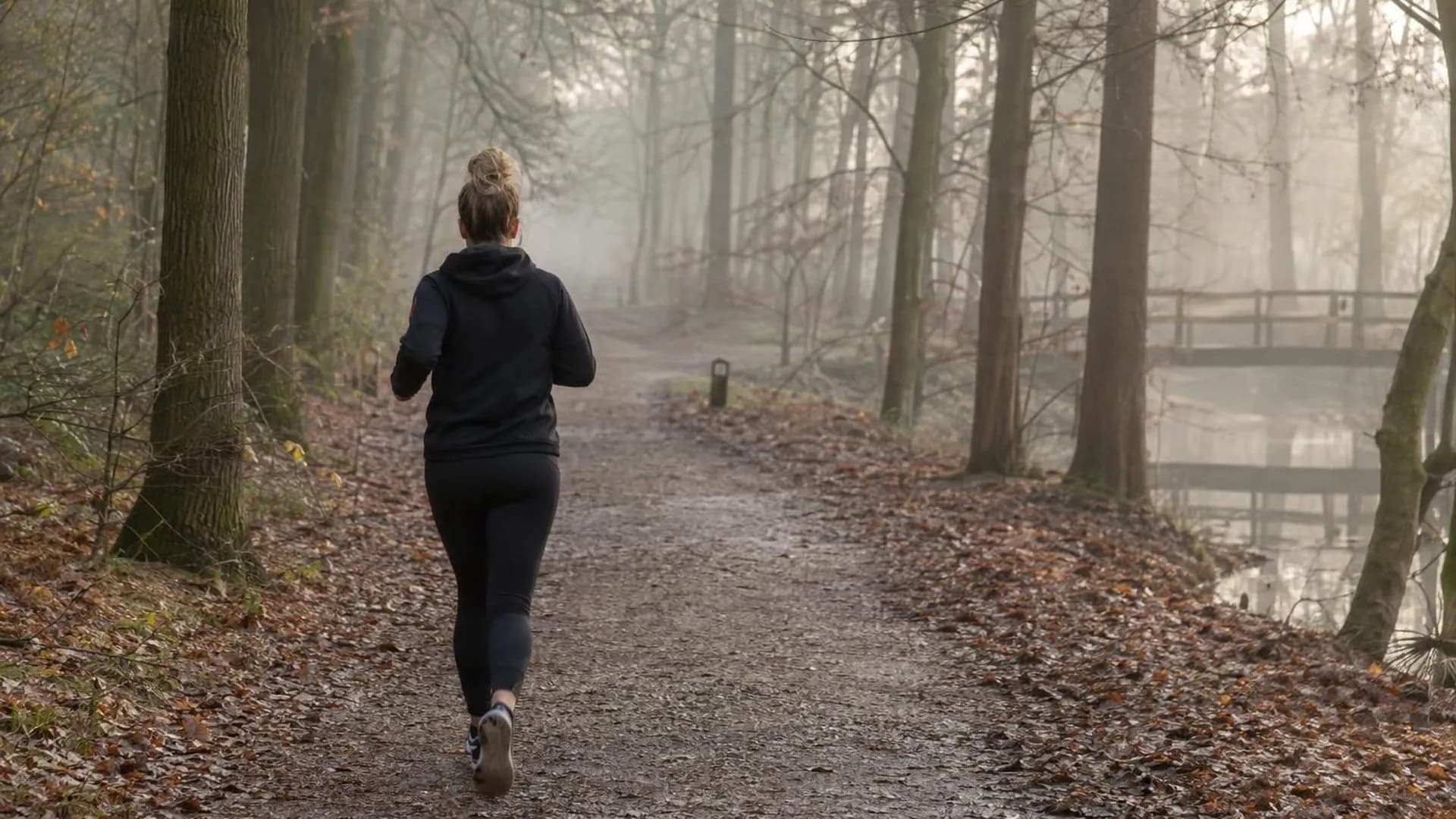 Iemand joggt op een rustig tempo een bospad in, gezien van achteren, in vroege ochtendmist.