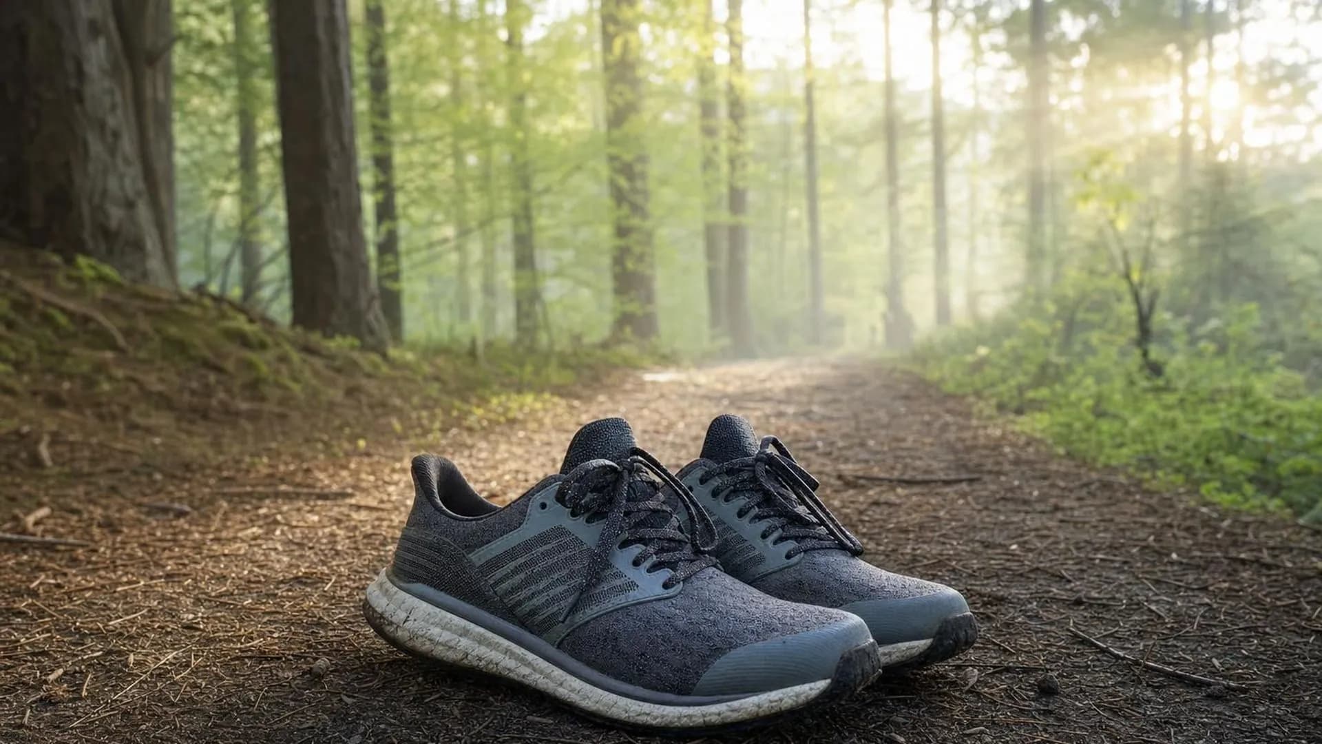 Hardloopschoenen op een rustig bospad in zacht ochtendlicht