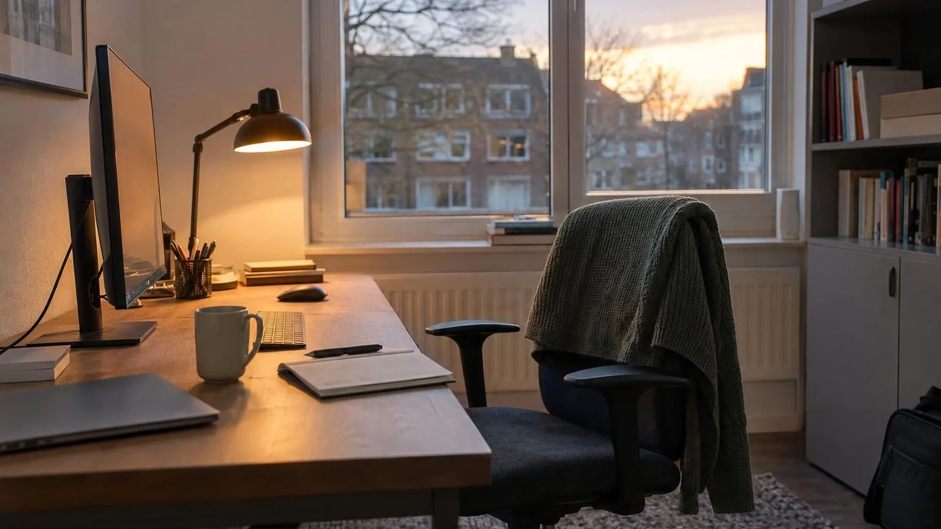 Een lege bureaustoel met een vest eroverheen, het bureaulampje staat nog aan