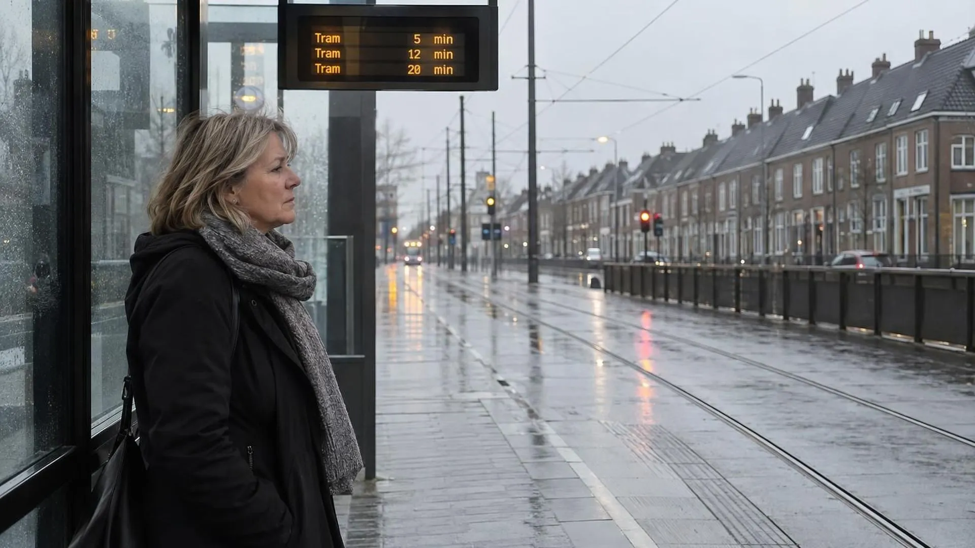 Iemand staat bij een lege tramhalte in de motregen en staart naar hetzelfde punt, een beeld van de grijsheid uit het artikel.