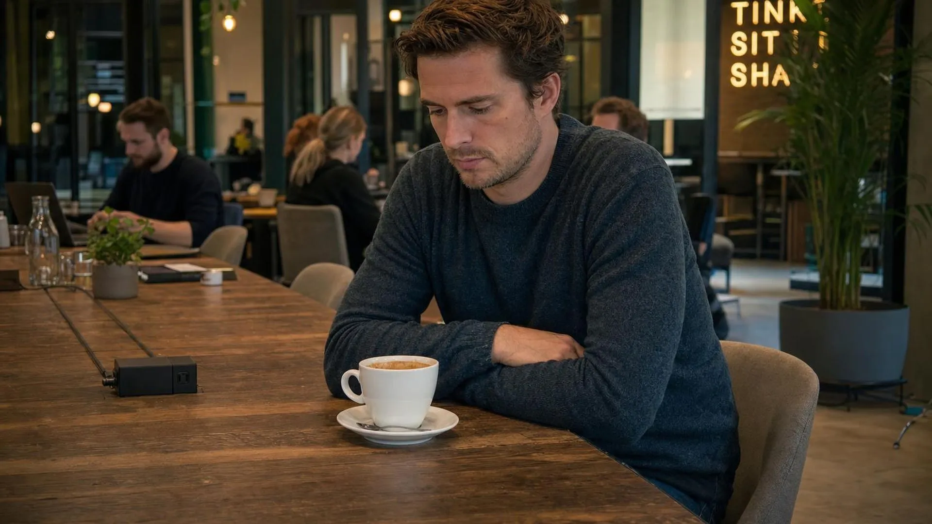 Persoon zit alleen aan een grote tafel in een café, kijkt in een onaangeraakt kopje koffie