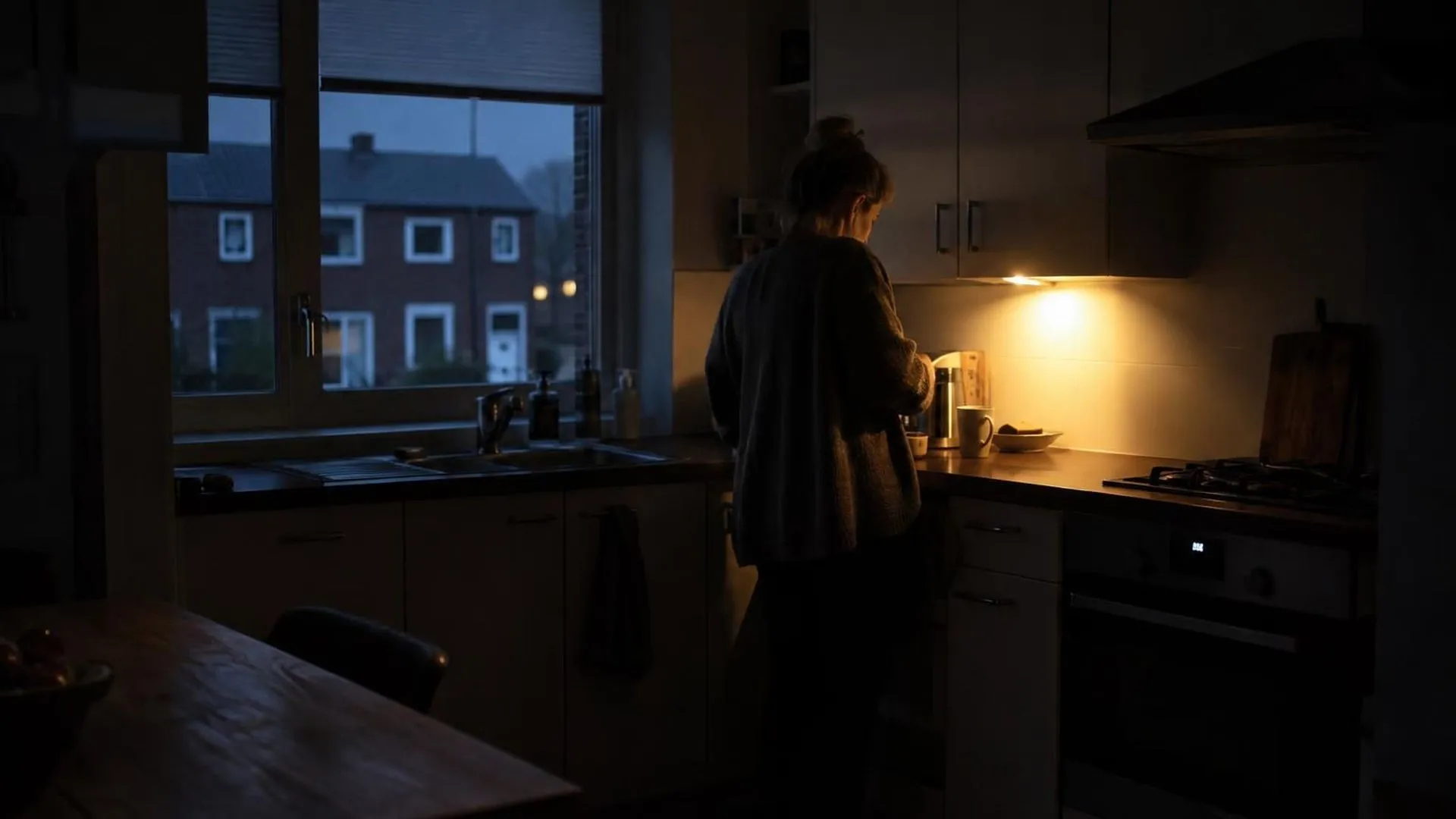 Een donkere keuken vlak voor zonsopgang met slechts één klein lampje aan