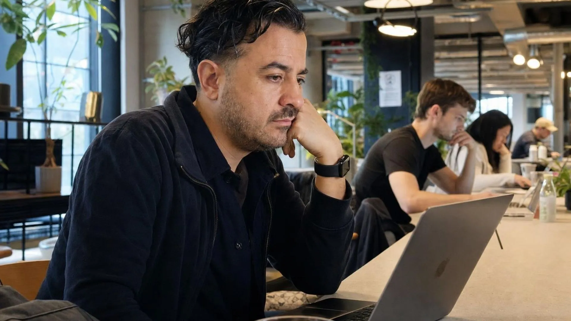 Werknemer zit peinzend achter laptop tijdens een drukke werkdag