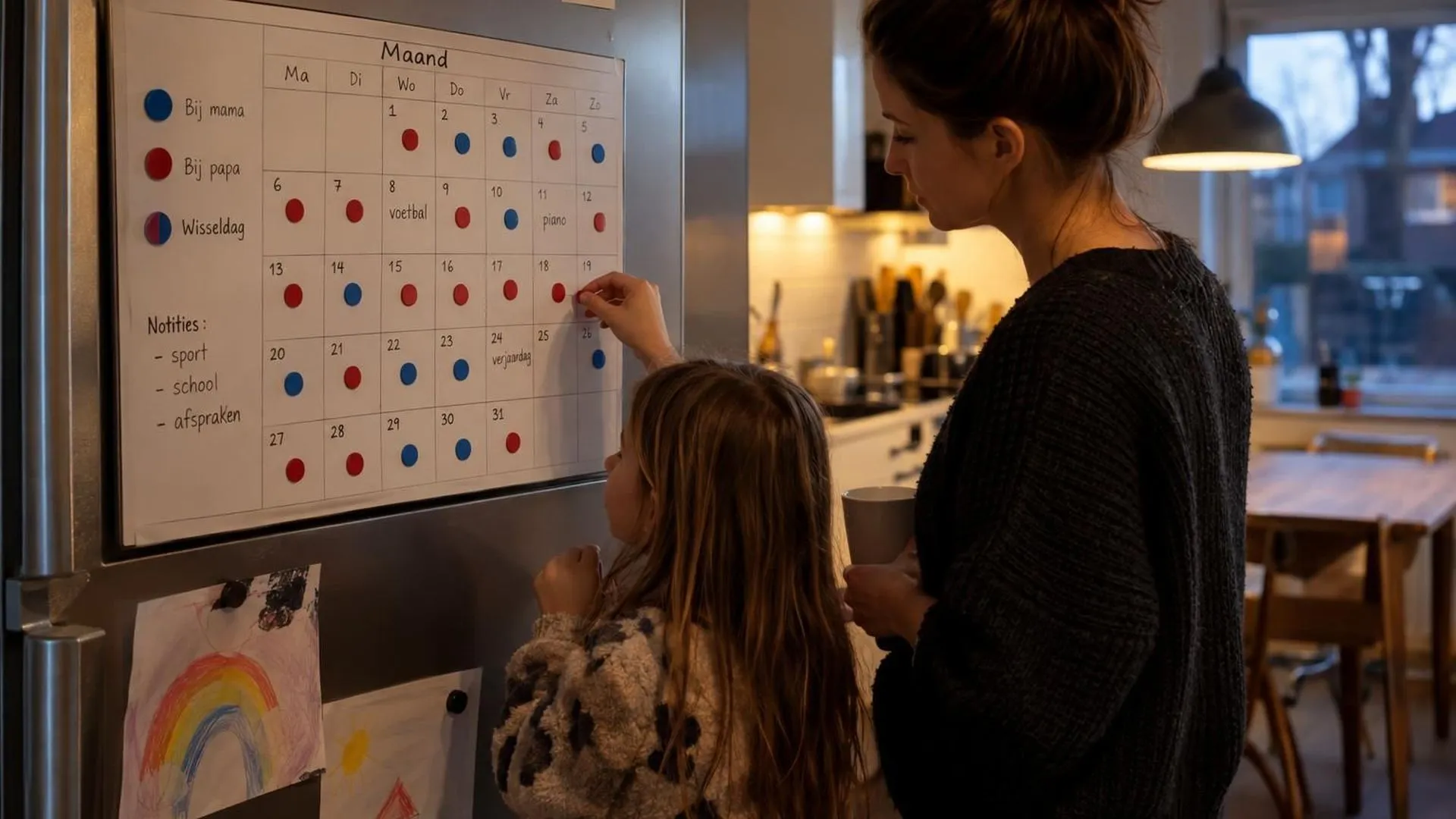 Een gezinskalender op de koelkast met een co-ouderschapsschema en gekleurde stickers voor wisseldagen.