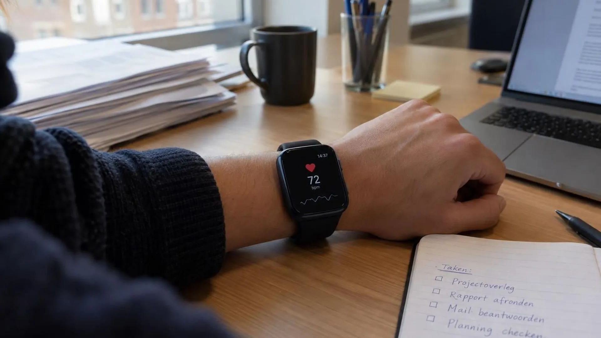 Een smartwatch om een pols op een bureau toont een hartslagmeting, naast een stapel papieren in middaglicht.