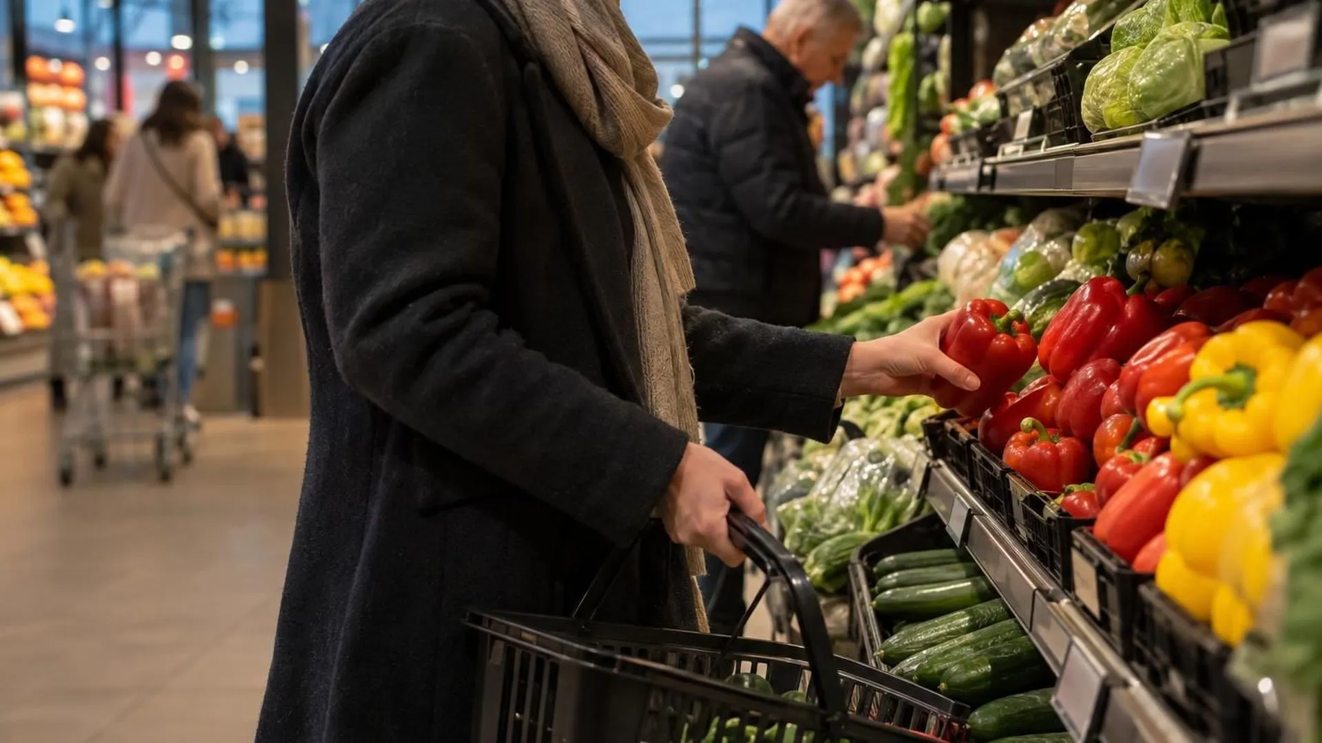 Groente uitzoeken in de supermarkt na werktijd, een van de vijf gewoontes tegen stress