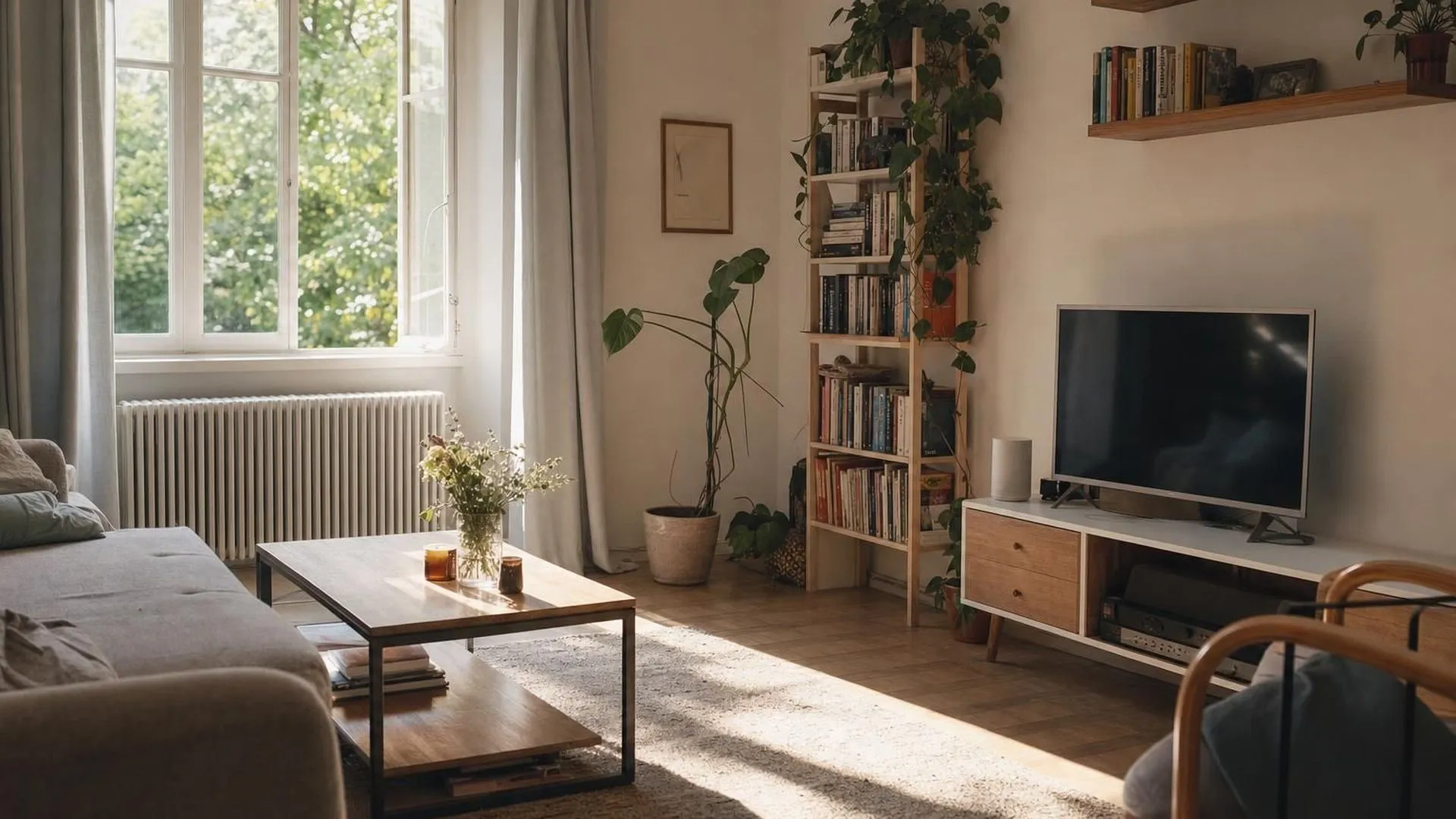 Zacht ochtendlicht valt door een raam naar binnen in een rustige woonkamer