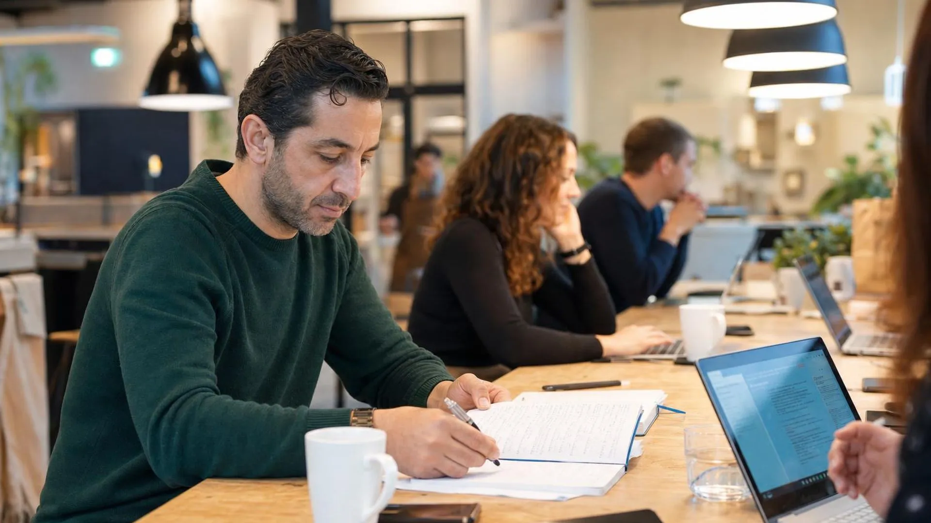 Leidinggevende bespreekt talentontwikkeling met medewerkers aan een grote tafel