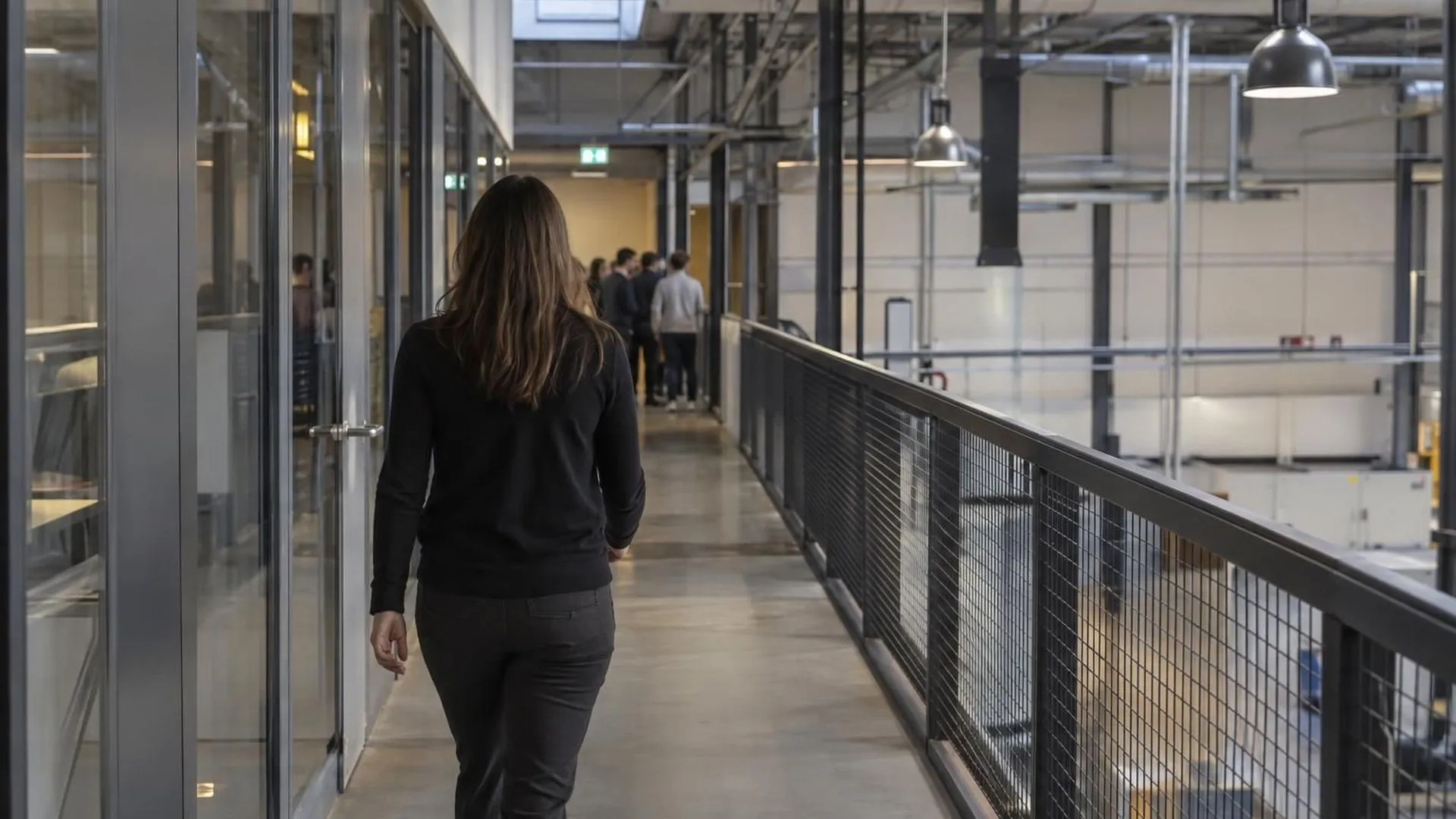 Van achteren gezien loopt iemand alleen door een lange fabrieksgang, verderop staat een groepje collega's bij elkaar