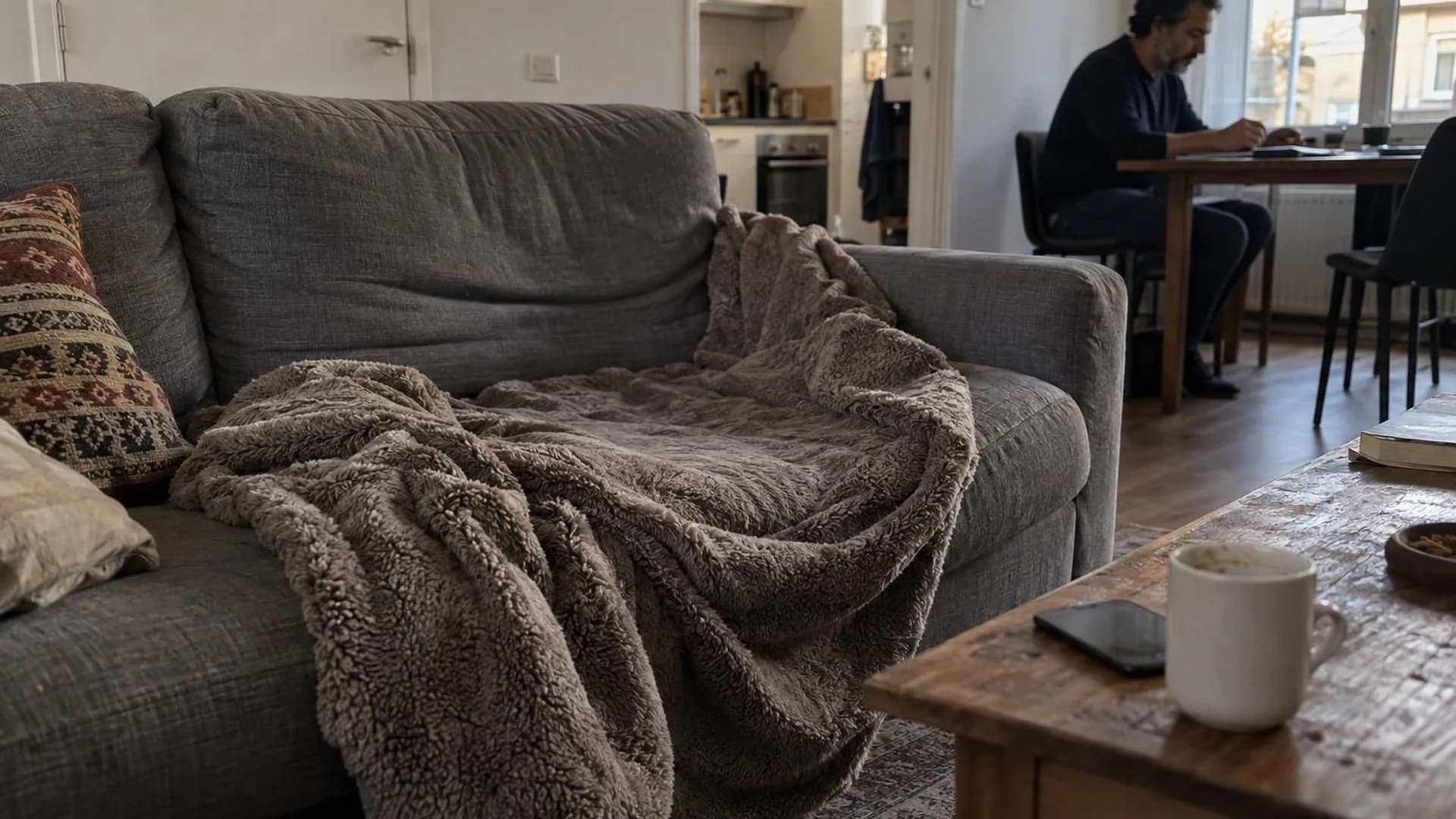 Close-up van een verkreukelde deken half van de bank gezakt, een inzakking waar iemand uren zat.