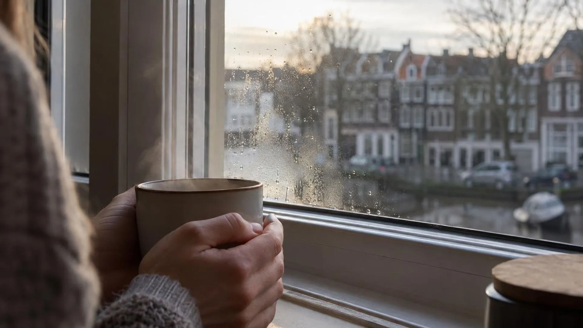 Close-up van stoom die opstijgt uit een mok op een vensterbank.