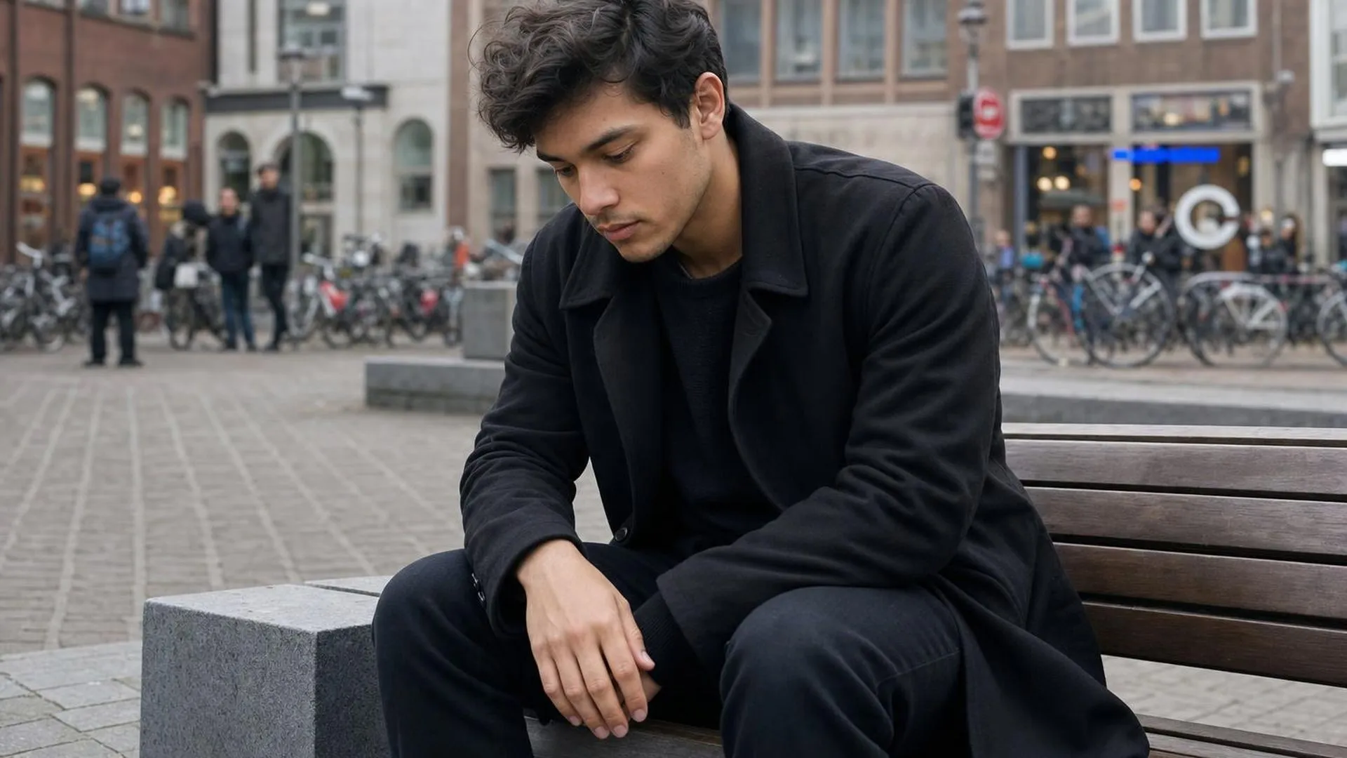 Persoon op een bankje in de stad, even stil in gedachten