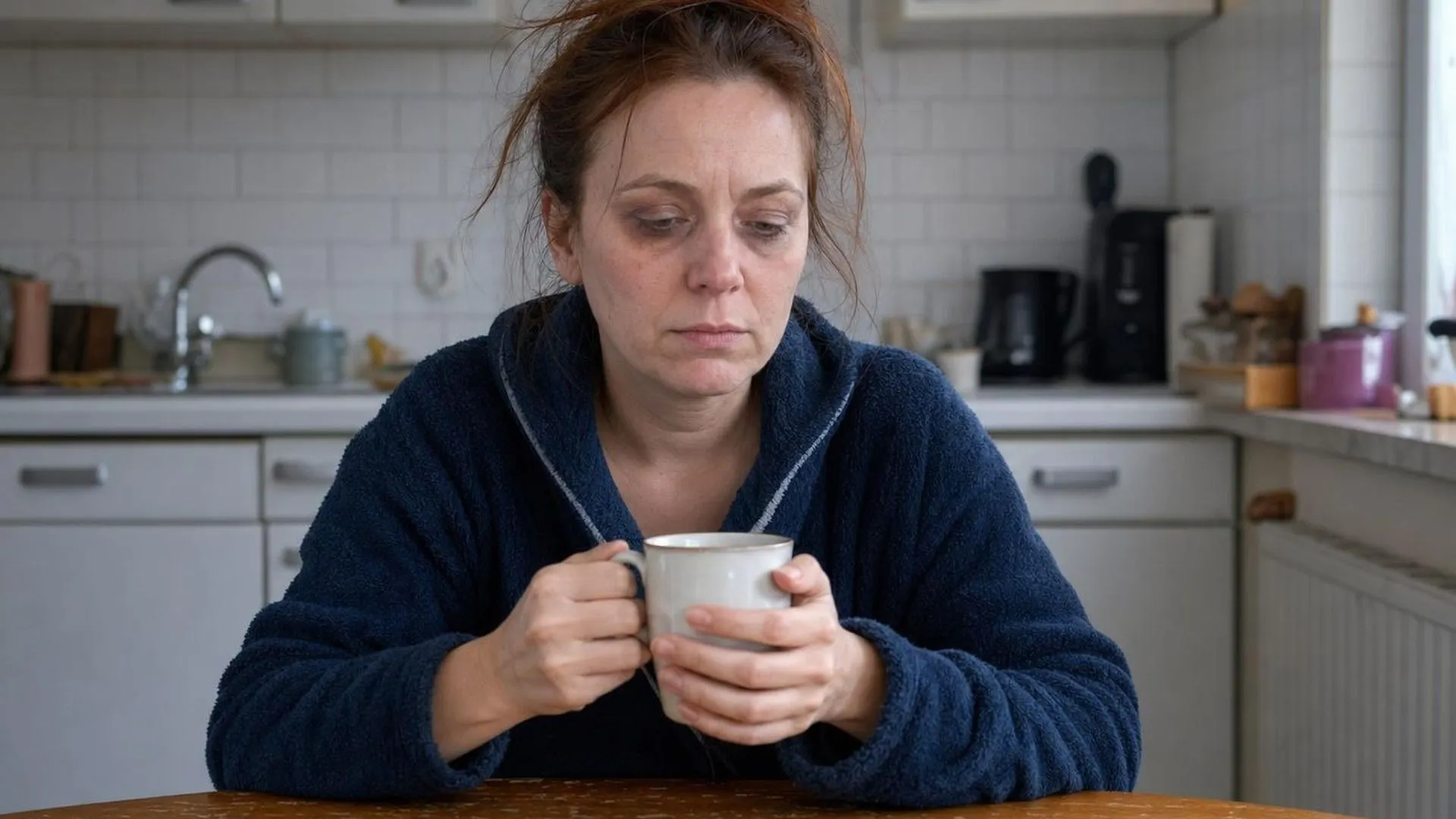 Vrouw met trillende handen zit uitgeput aan de keukentafel