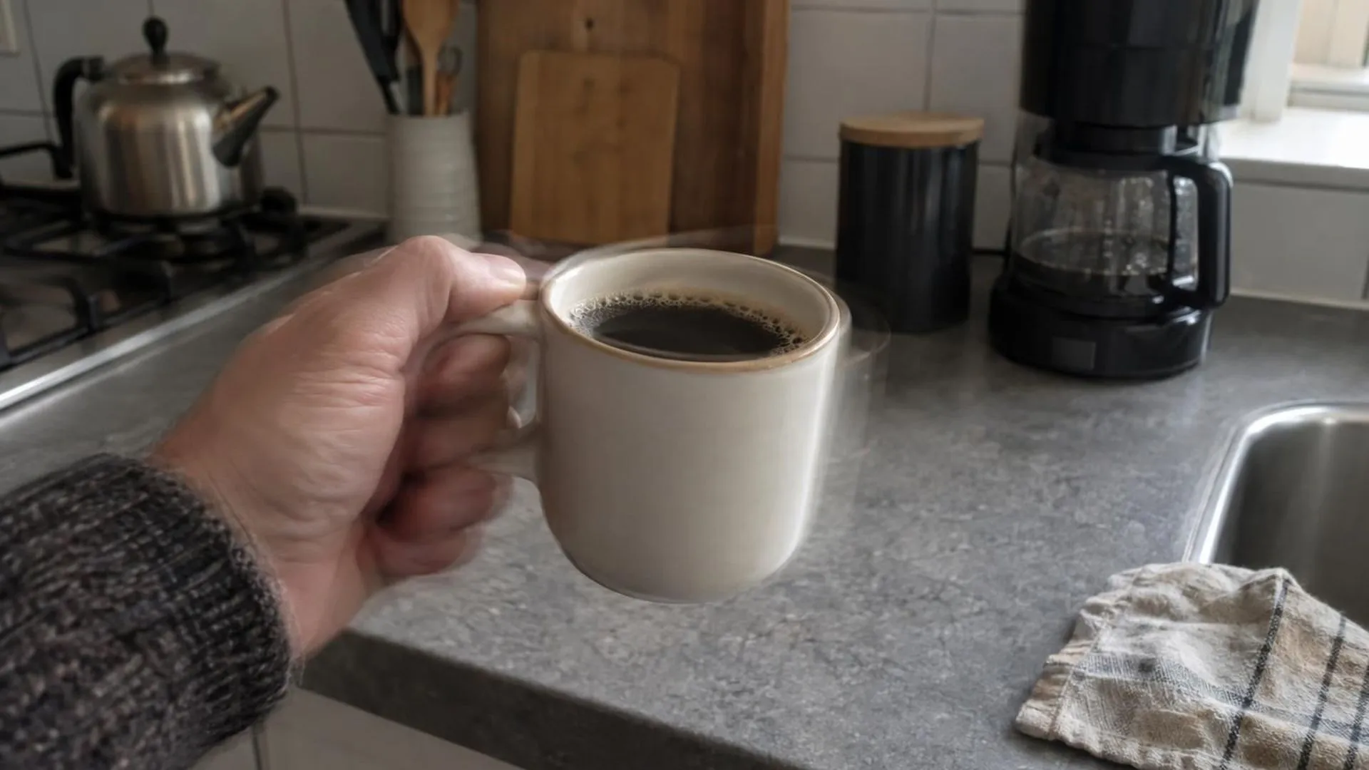 Close-up van een hand die een kopje koffie vasthoudt met een lichte, bevende beweging zichtbaar.