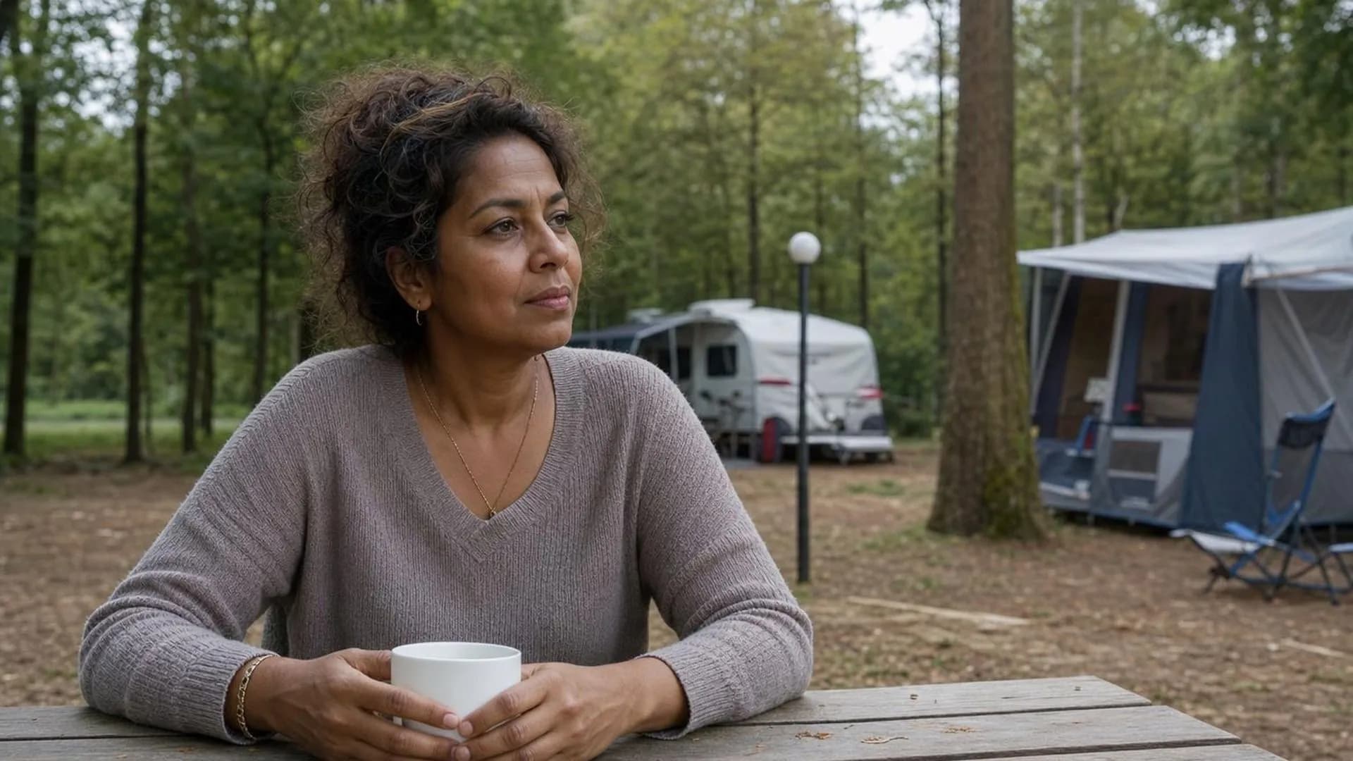 Persoon zit stil aan een picknicktafel op een camping, kijkt voor zich uit