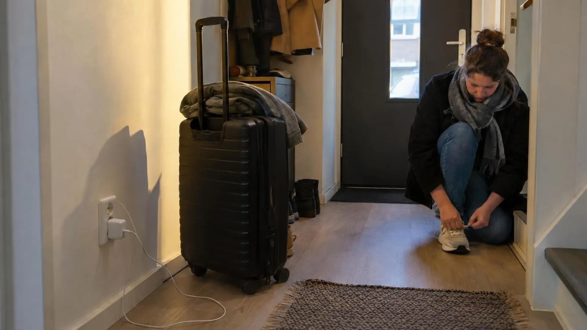 Ingepakte koffer bij de voordeur met een laptopoplader die nog in het stopcontact zit