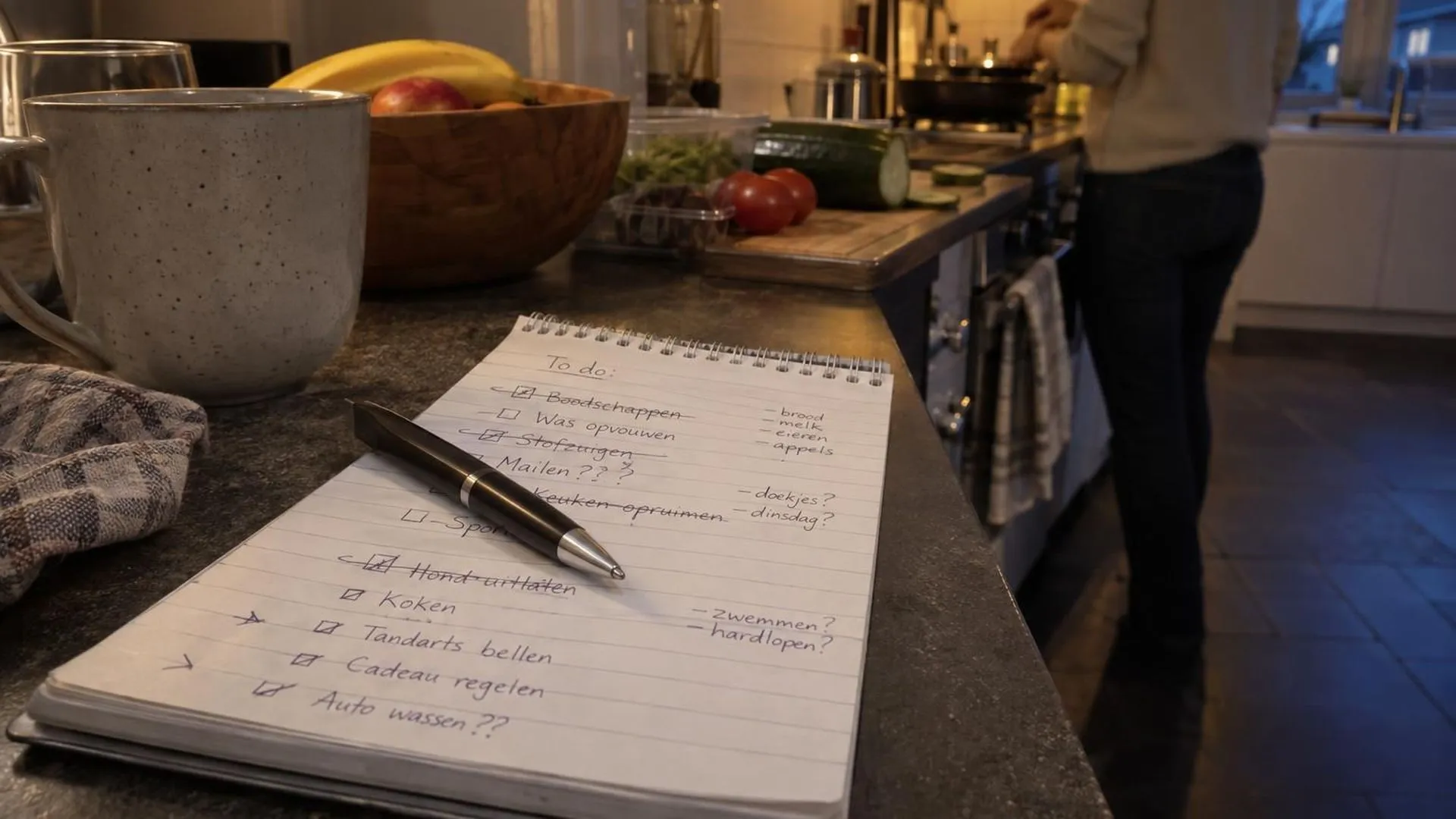 Een notitieblok vol doorgestreepte en herschreven to-do-lijstjes op het aanrecht.