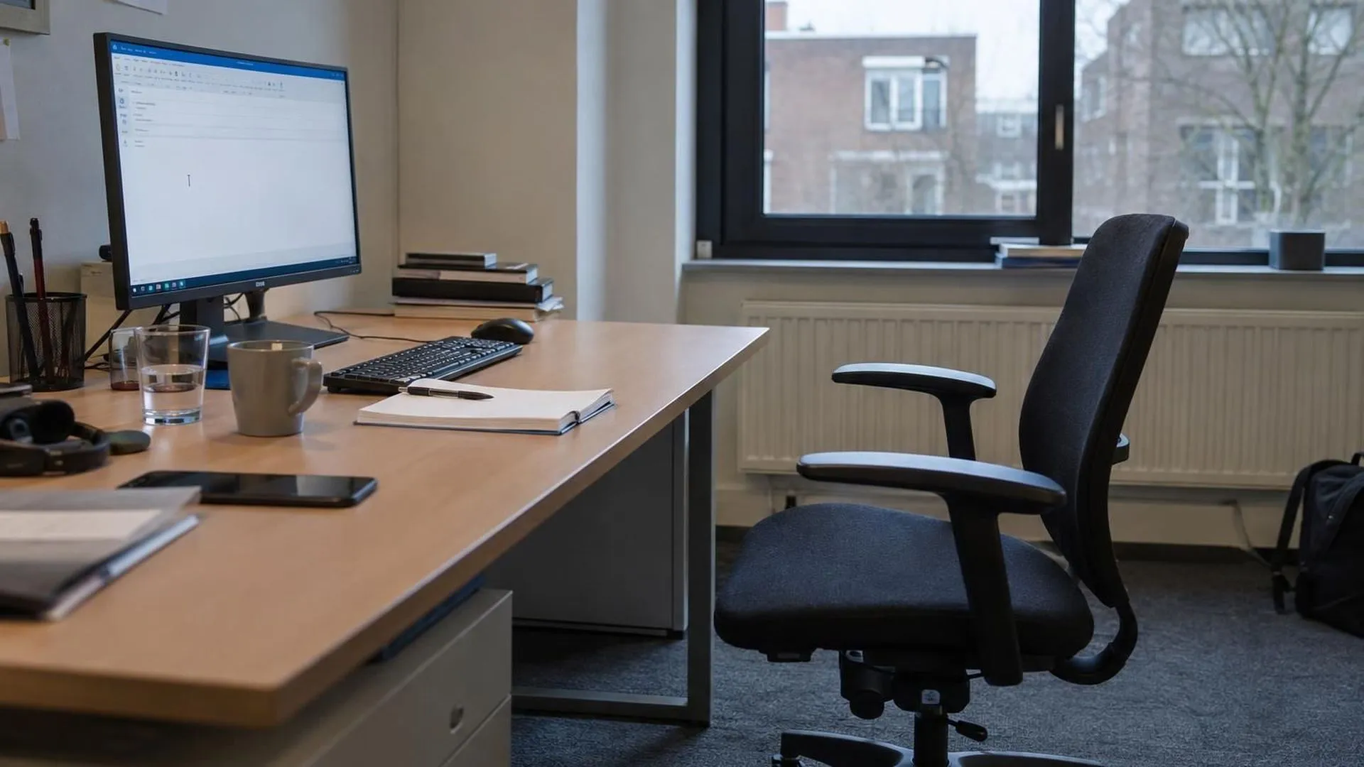 Een bureaustoel is midden op de ochtend teruggeschoven, het scherm staat nog aan met een knipperende cursor in een onafgemaakte e-mail.