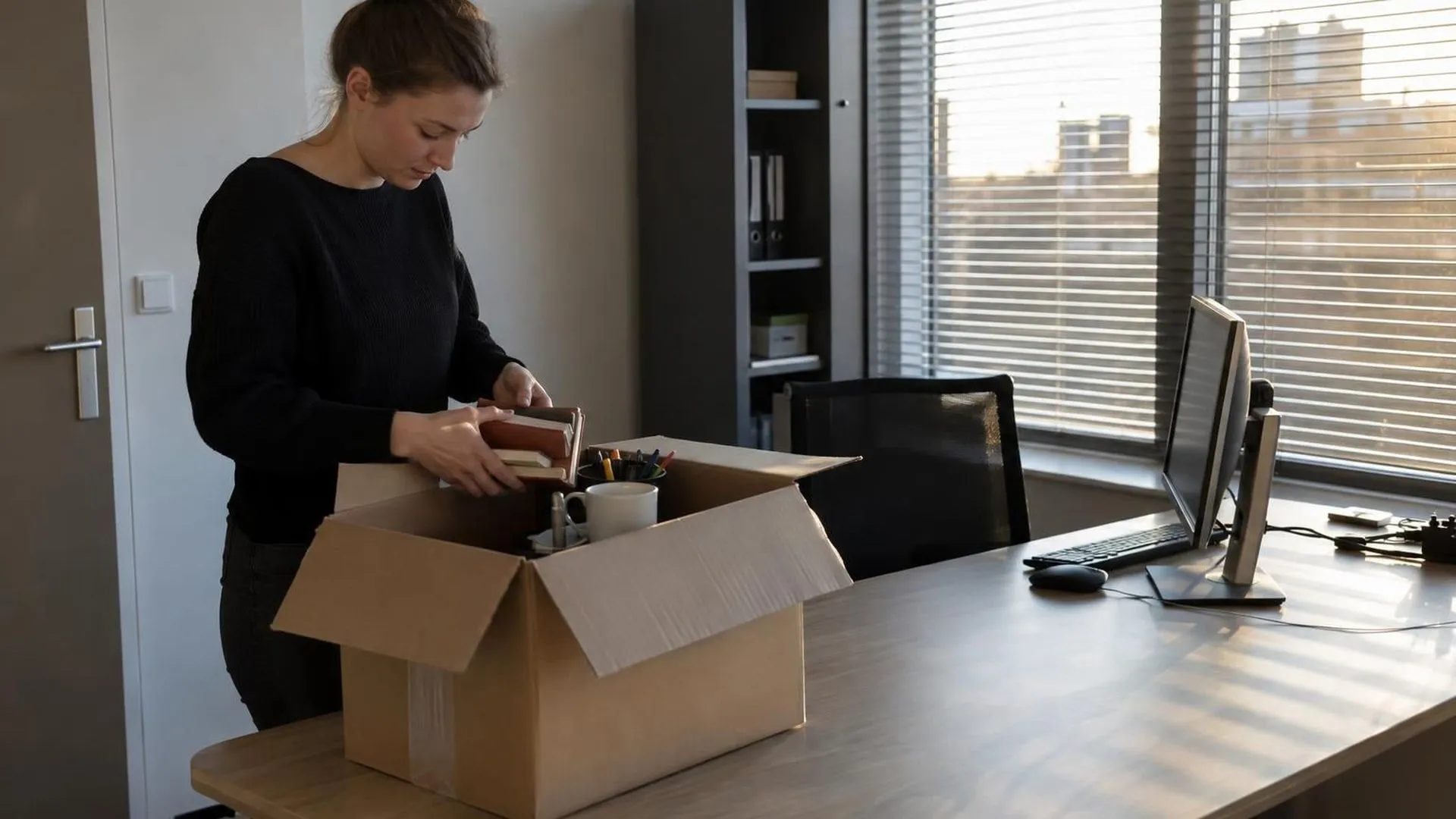 Een half ingepakte verhuisdoos met persoonlijke spullen op een verder leeg bureau, in schuin invallend namiddaglicht.