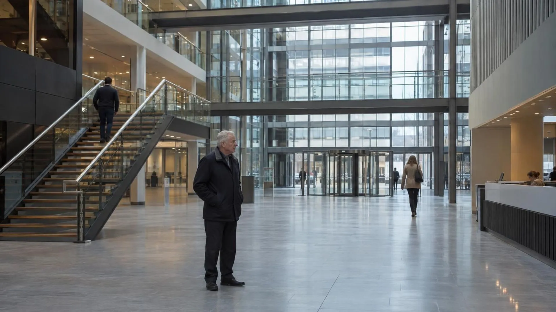 Iemand staat klein en stil in een groot glazen bedrijfsatrium.