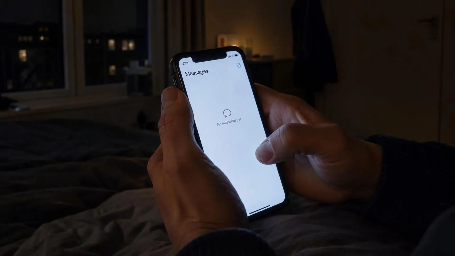 Close-up van twee handen die 's avonds laat een telefoon vasthouden, het scherm licht op zonder nieuw bericht