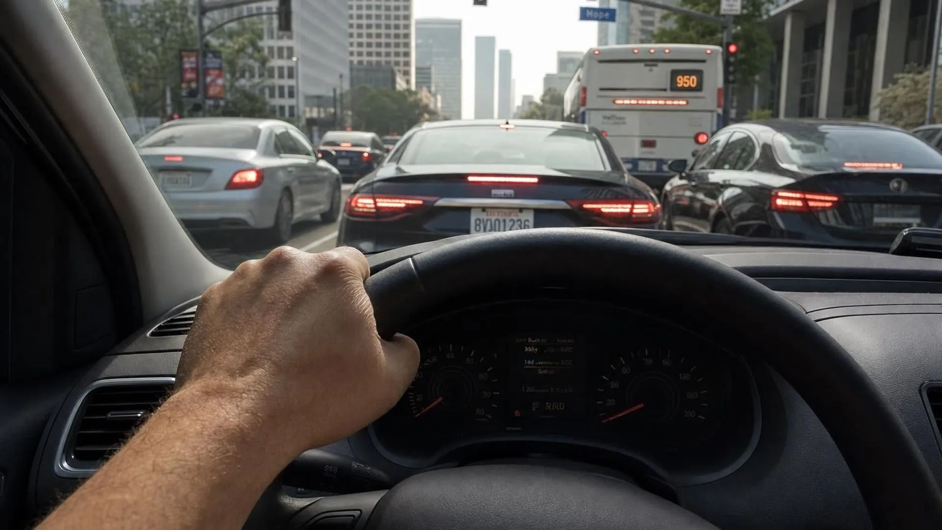 Handen klemmen om het stuur bij een plotselinge stop in het verkeer