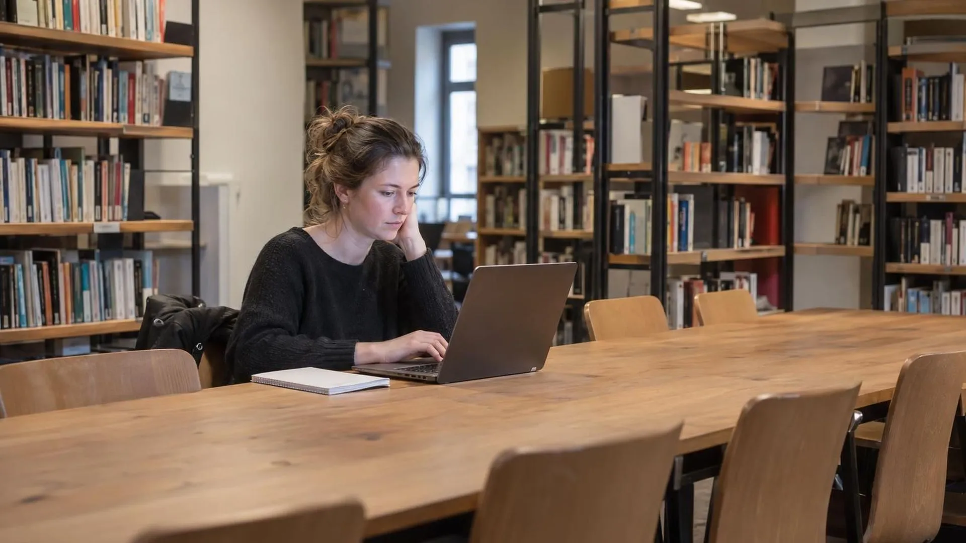 Iemand zit aan een lange tafel in een stille bibliotheek, omringd door lege stoelen, en probeert zich te concentreren achter een laptop.