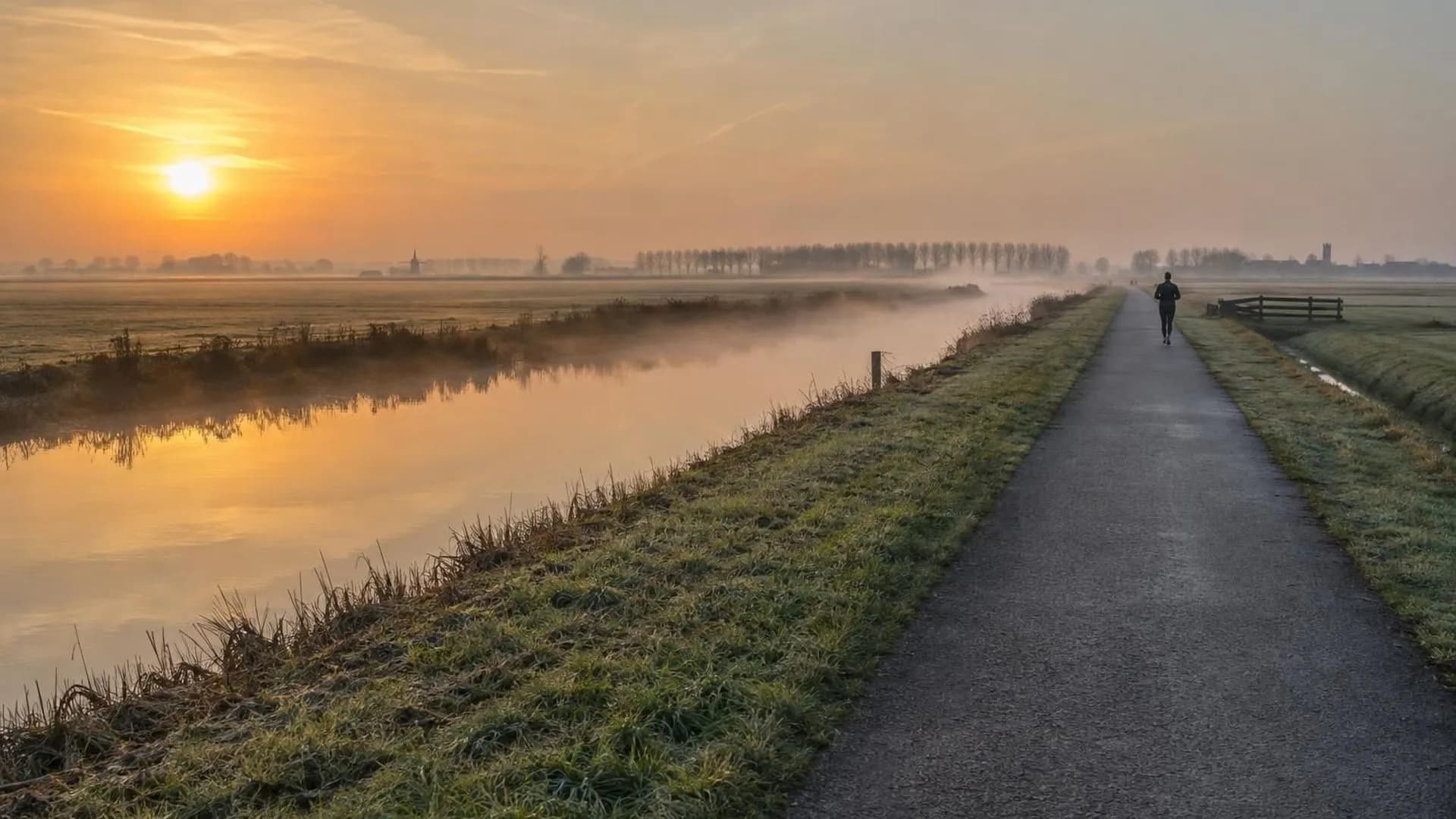 Een kleine figuur joggt langs een lang, recht fietspad door open polderland, in laag herfstlicht met mist boven het water.