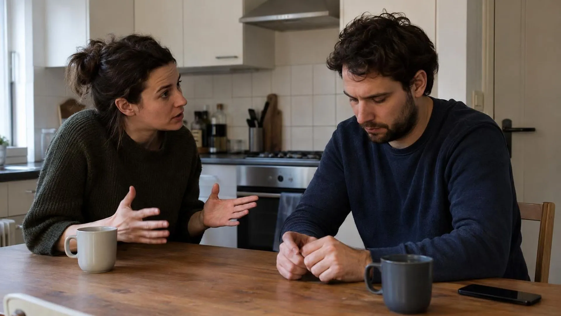 Twee mensen aan een keukentafel, de een leunt dominant naar voren, de ander kijkt naar de eigen handen