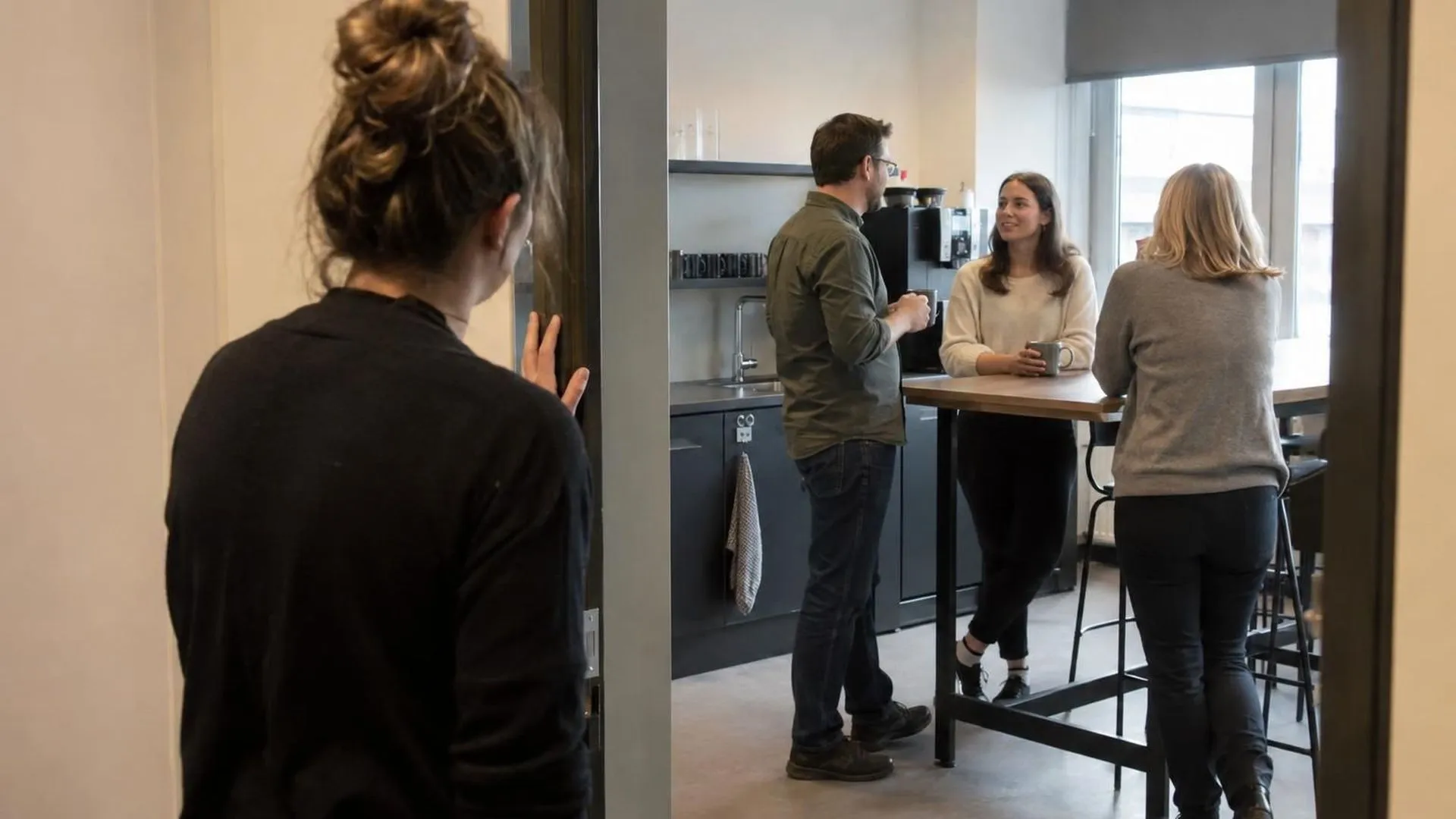 Door de deuropening van een kantine gezien: collega's in gesprek, iemand aarzelt net buiten de deur