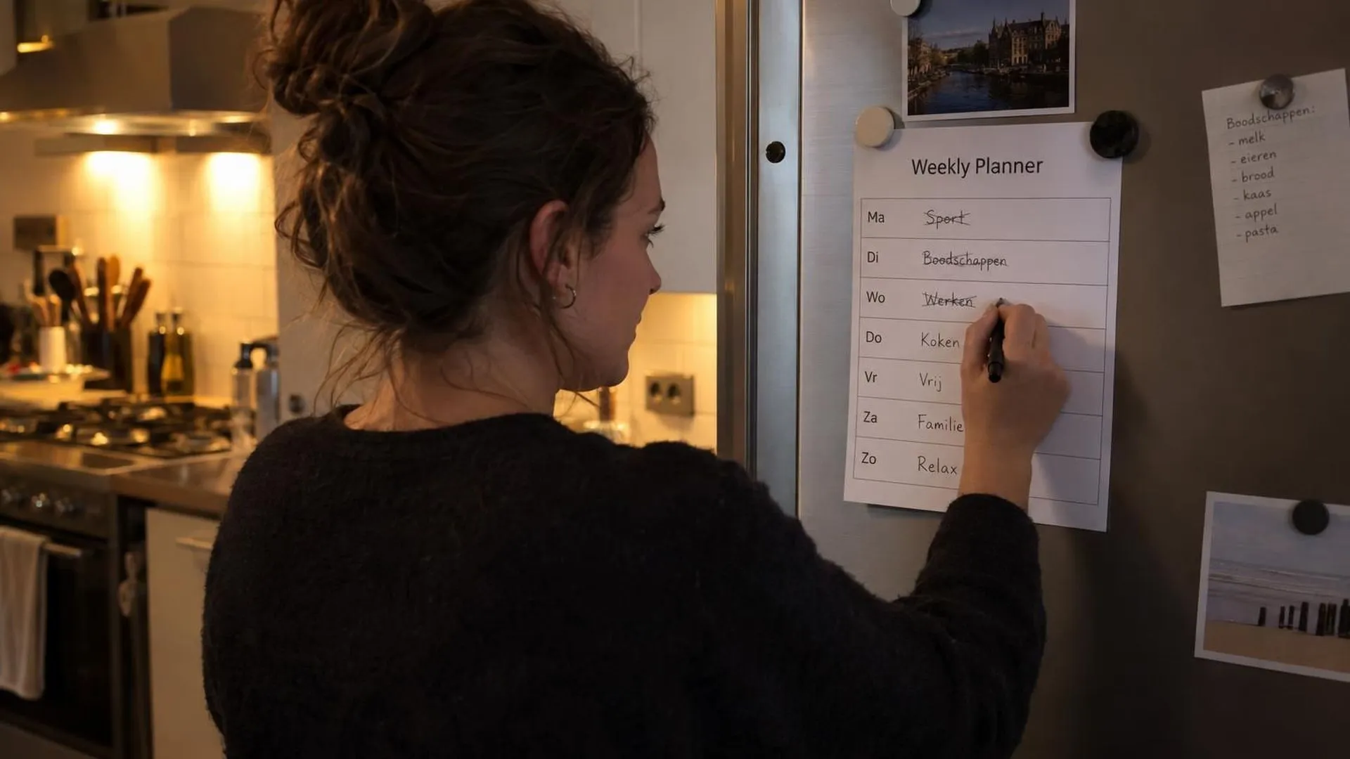 Een papieren weekplanner op de koelkast met doorgestreepte dagen.