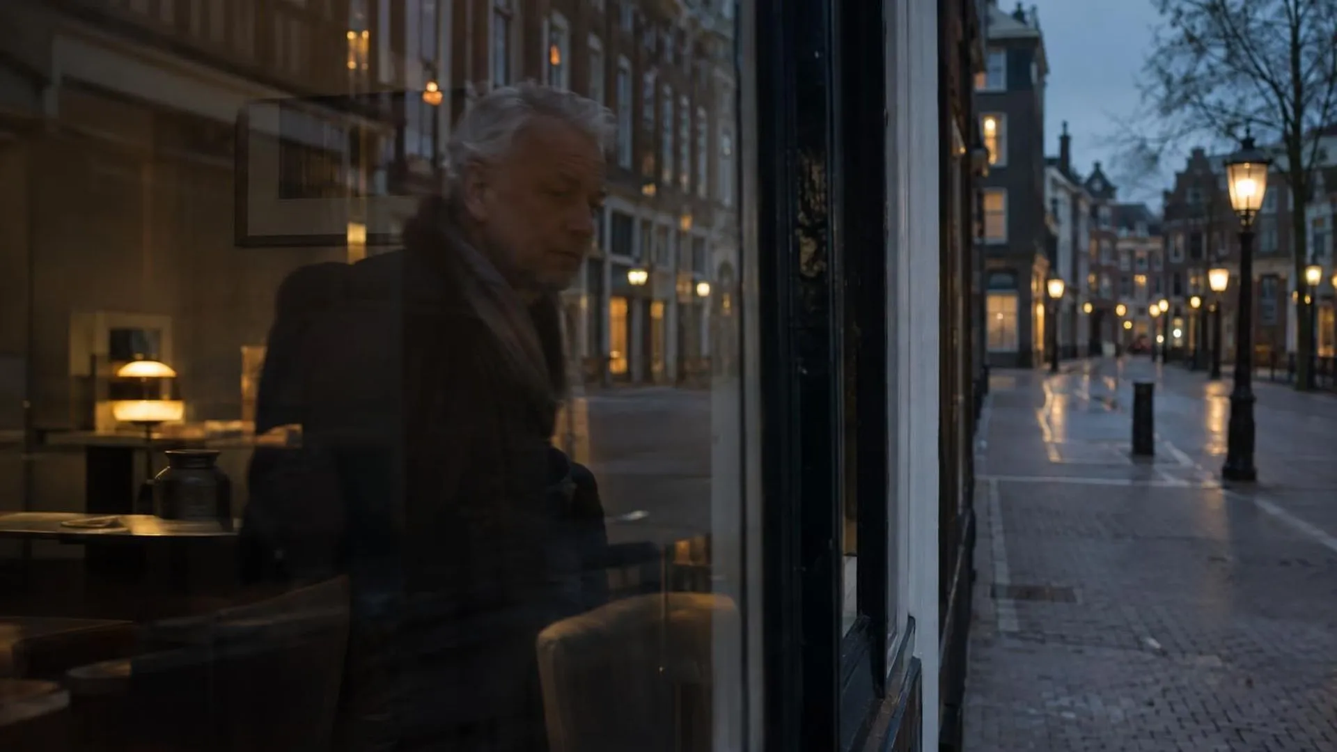 Vage spiegeling van iemand in een donkere etalageruit bij schemering, met stadslichten eromheen
