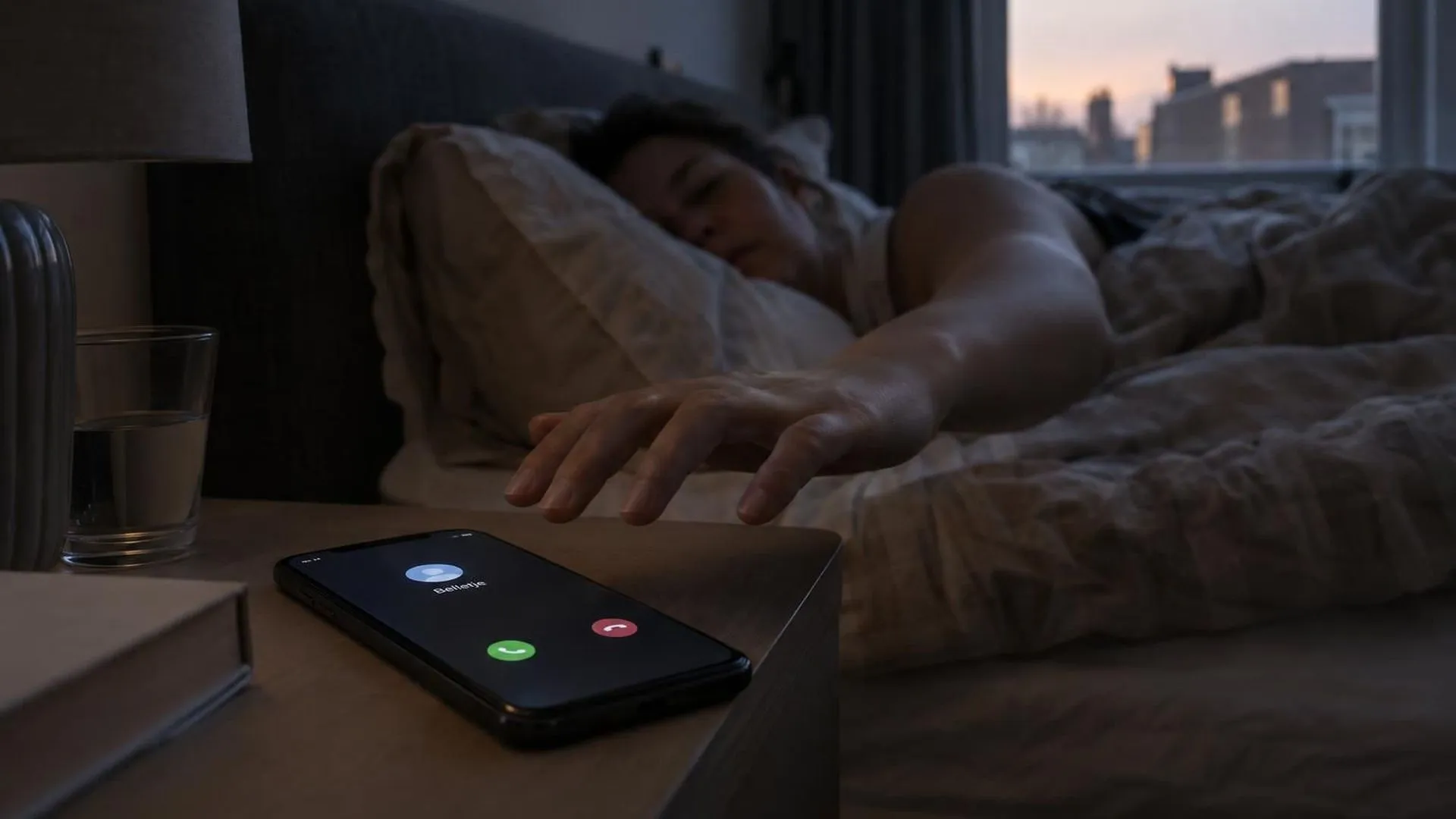 Hand die aarzelt om een rinkelende telefoon op te nemen op maandagochtend