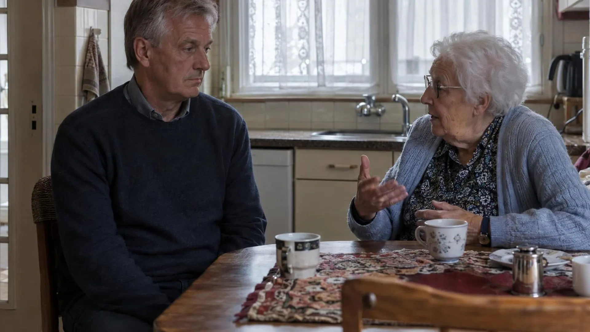 Een volwassene zit stijf aan de keukentafel van een ouder familielid dat gesticulerend praat