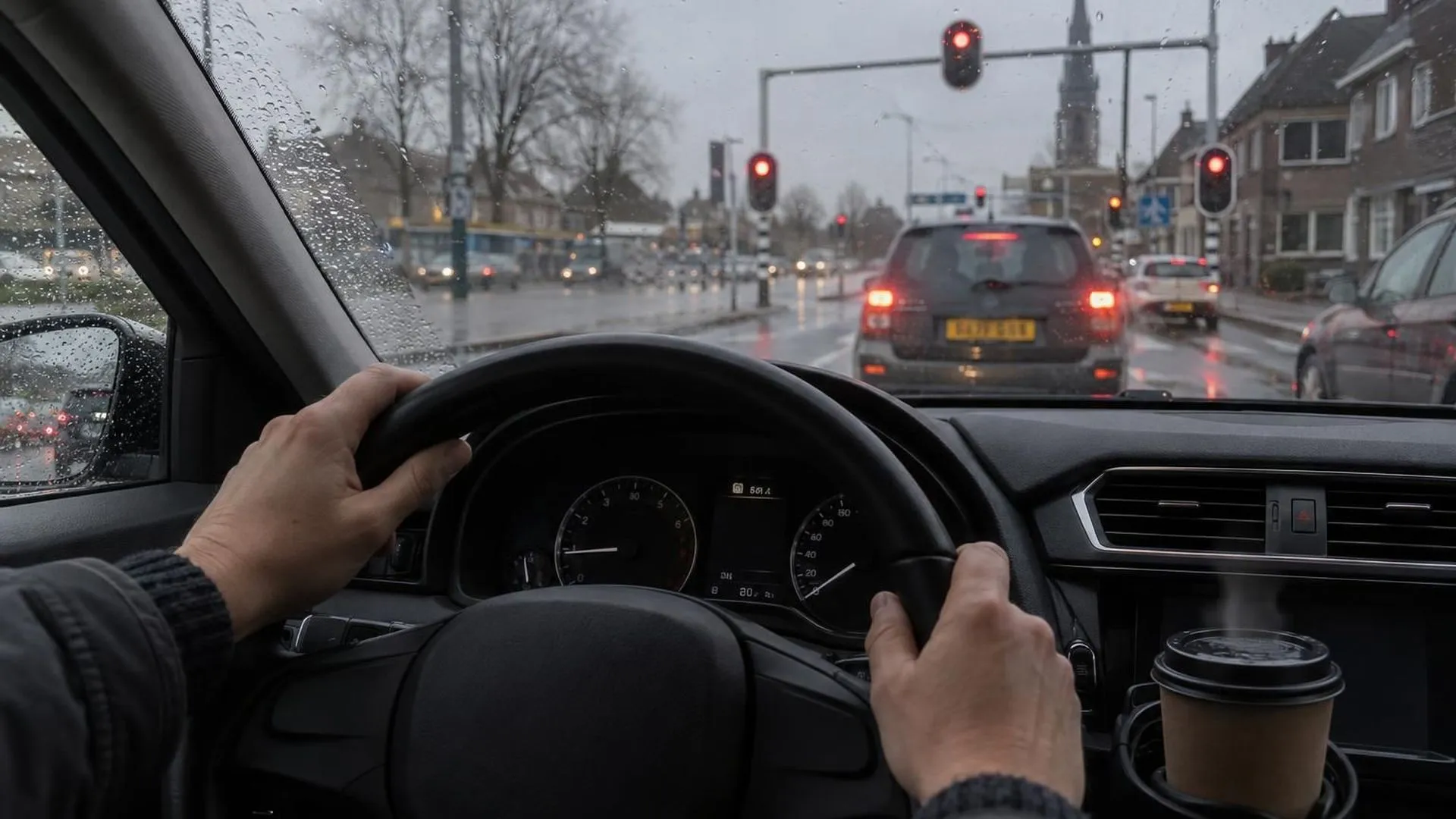 In een auto bij een rood stoplicht op een grauwe ochtend staat een meegenomen koffiebeker te dampen naast vermoeide handen aan het stuur.
