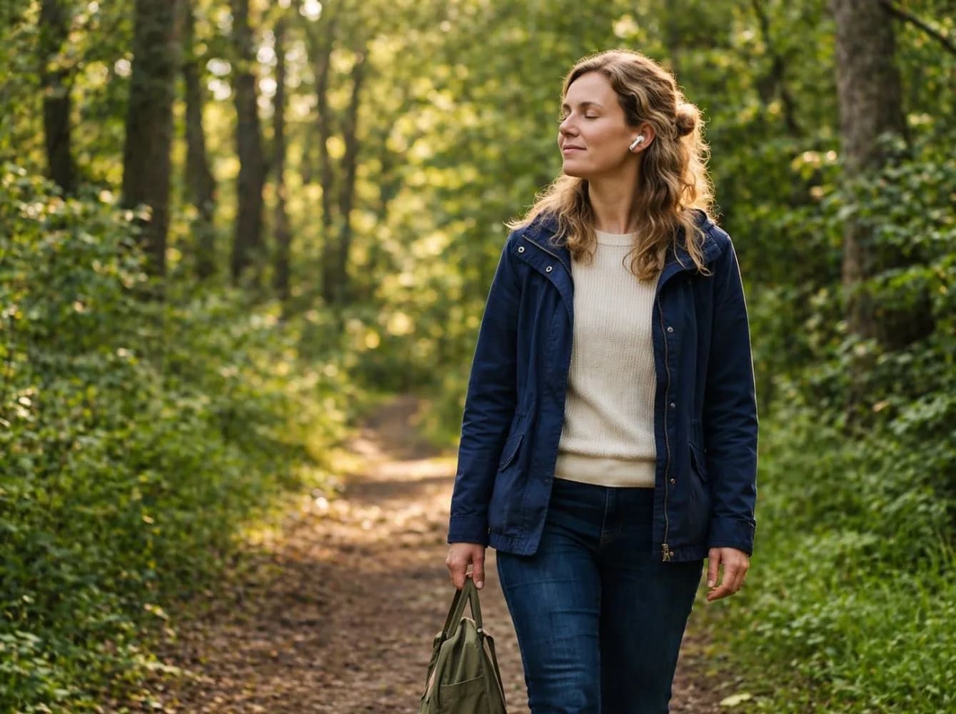 Vrouw luistert naar de LEEF! Podcast in de natuur