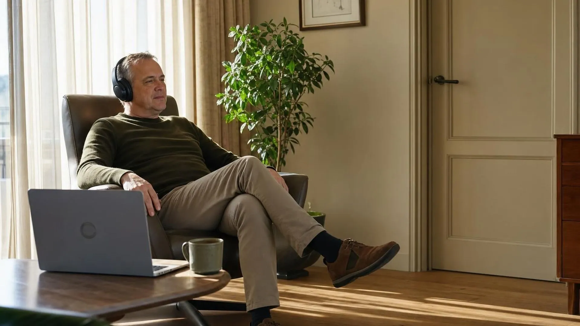Man met koptelefoon op in een rustige woonkamer tijdens een online coachsessie