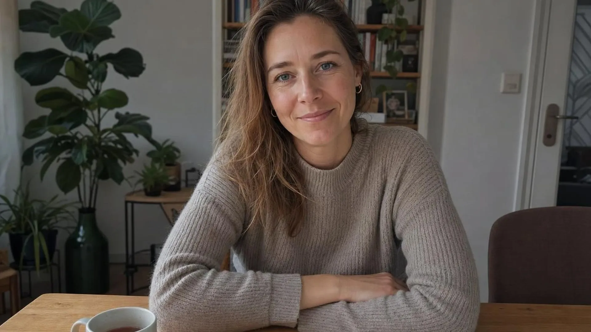 Deelnemer thuis aan tafel tijdens een online coachgesprek