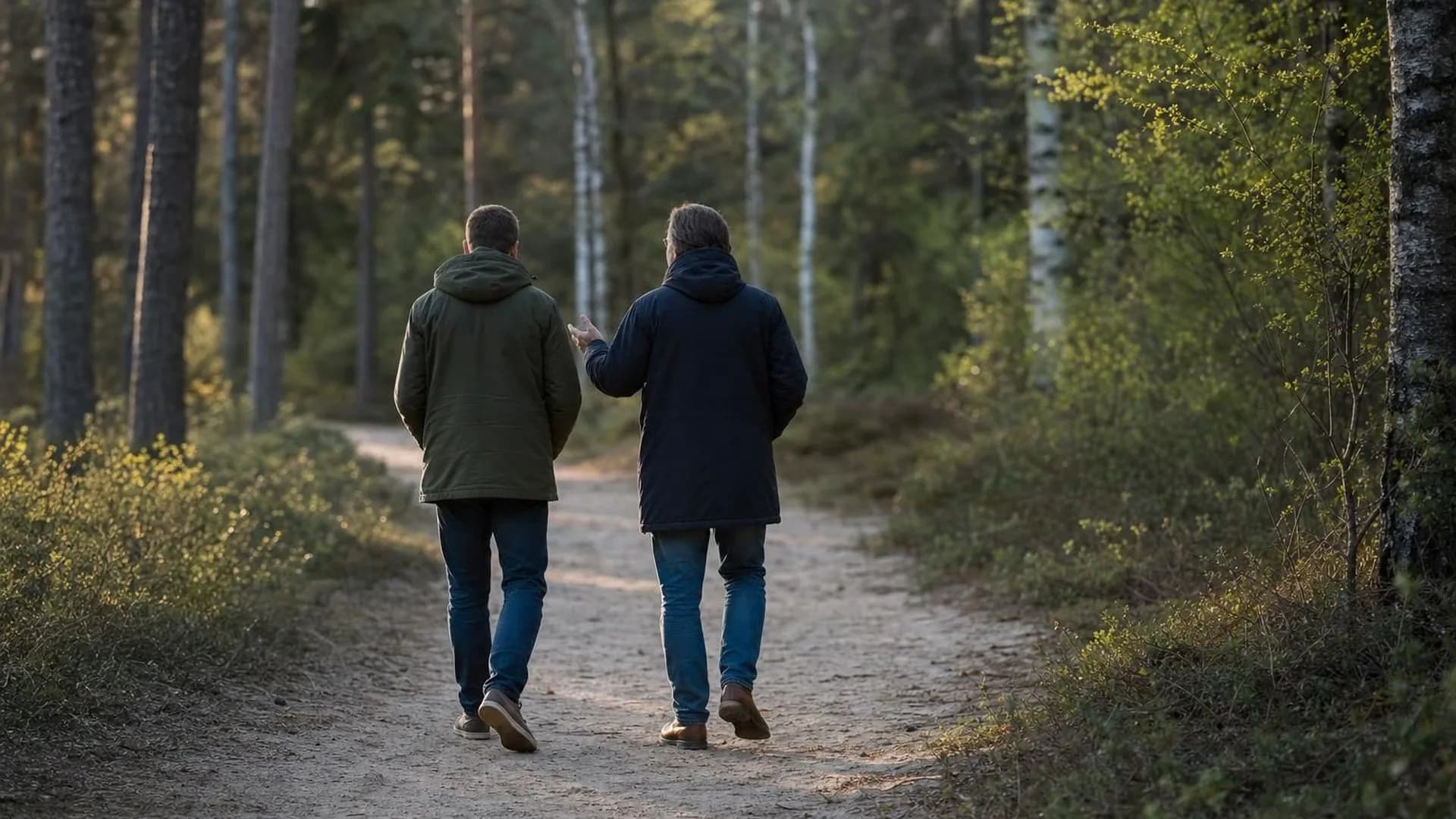 Twee mensen in gesprek tijdens een wandeling door het bos, onderweg naar herstel van stress en burn-out
