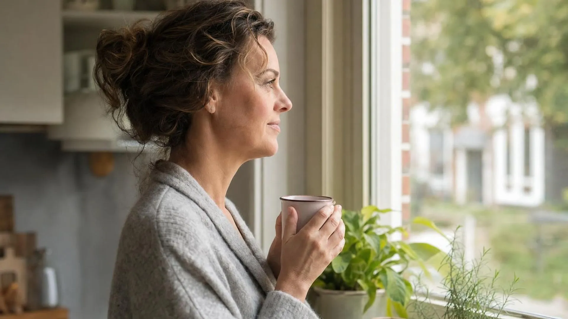 Vrouw met een kop thee bij het raam, uitgerust na herstel van burn-outklachten