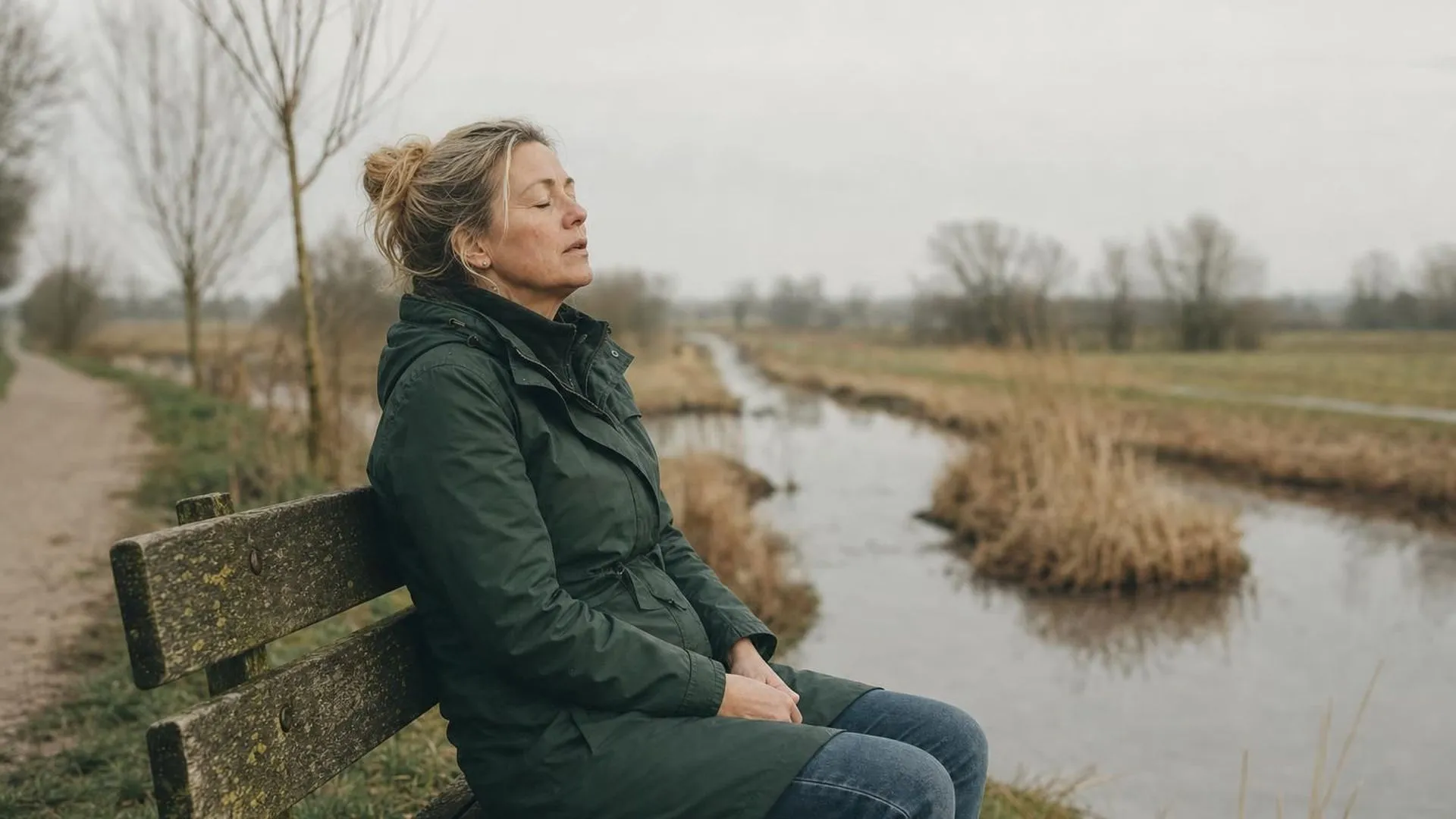 Vrouw op een bankje langs een polderpad ademt rustig uit met haar ogen dicht