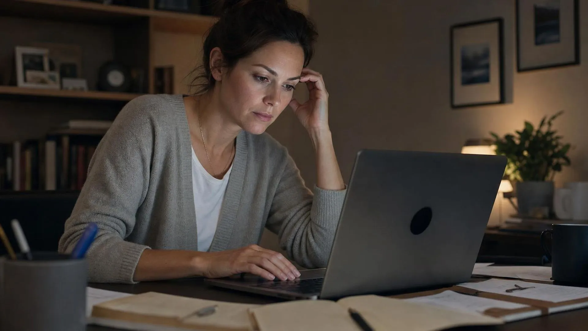 Vrouw zit 's avonds achter een laptop in een donker thuiskantoor, schermlicht zacht op haar gezicht