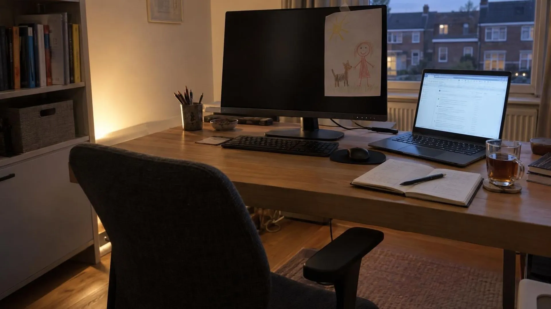 Een lege bureaustoel bij een thuiswerkplek, met een kindertekening tegen het beeldscherm geplakt en een koud kopje thee ernaast