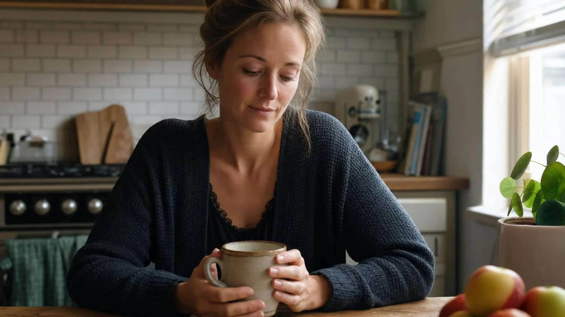 Persoon zit stil aan keukentafel met een mok in de handen, in zacht middaglicht
