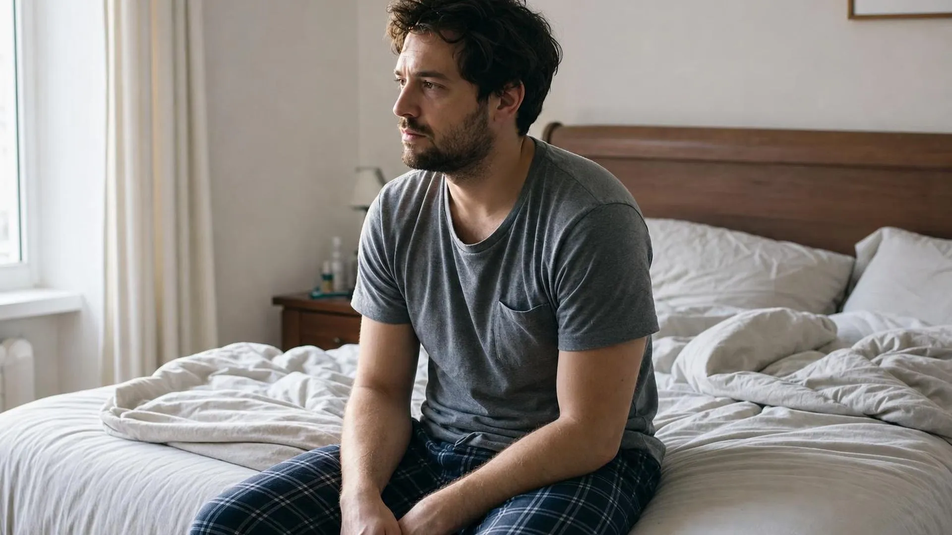 Man zit op de rand van een onopgemaakt bed in vroeg ochtendlicht, schouders licht naar voren